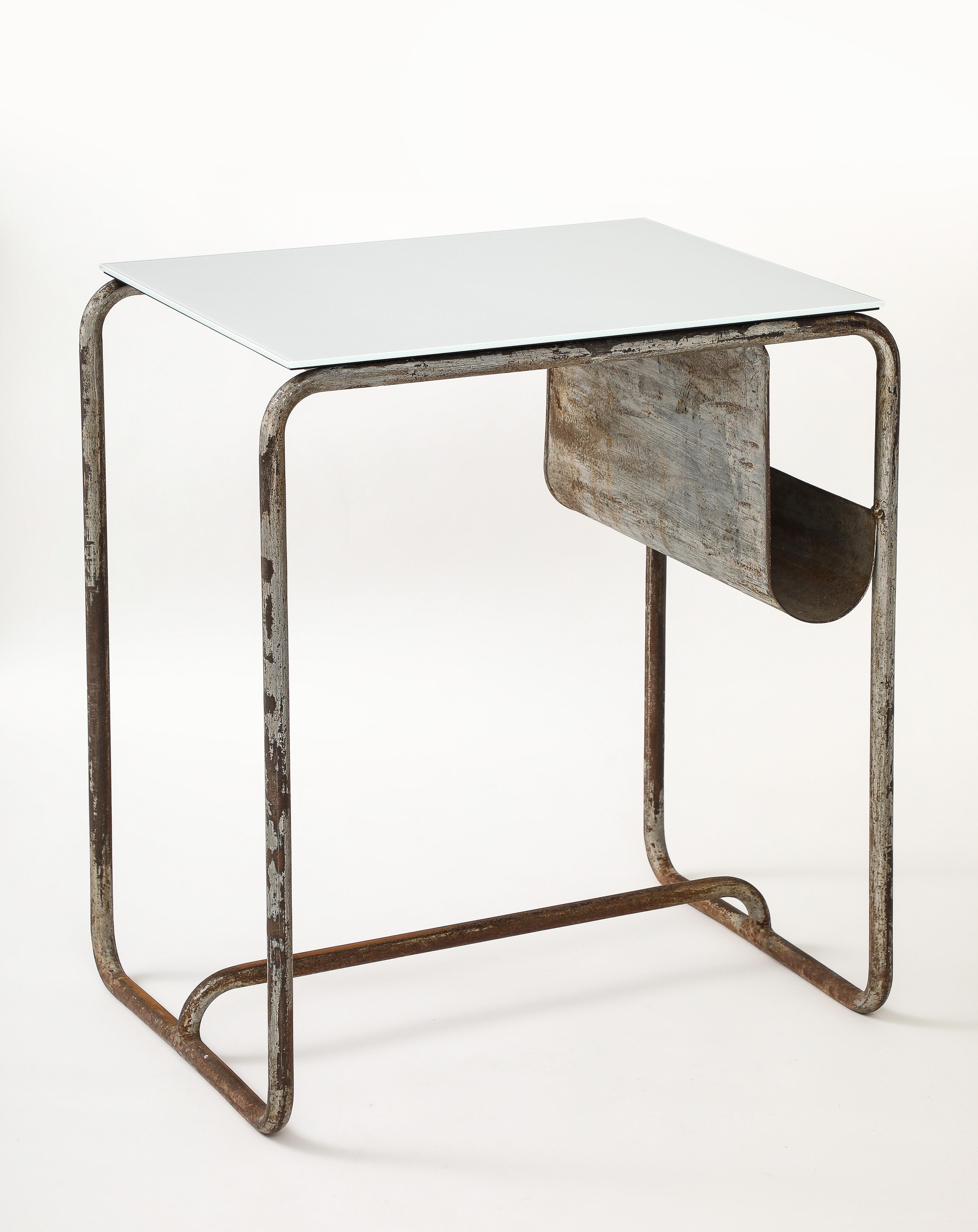French Early Modernist Desk Side Table, Nickel Patina, Opaline Top, France, c. 1920 For Sale