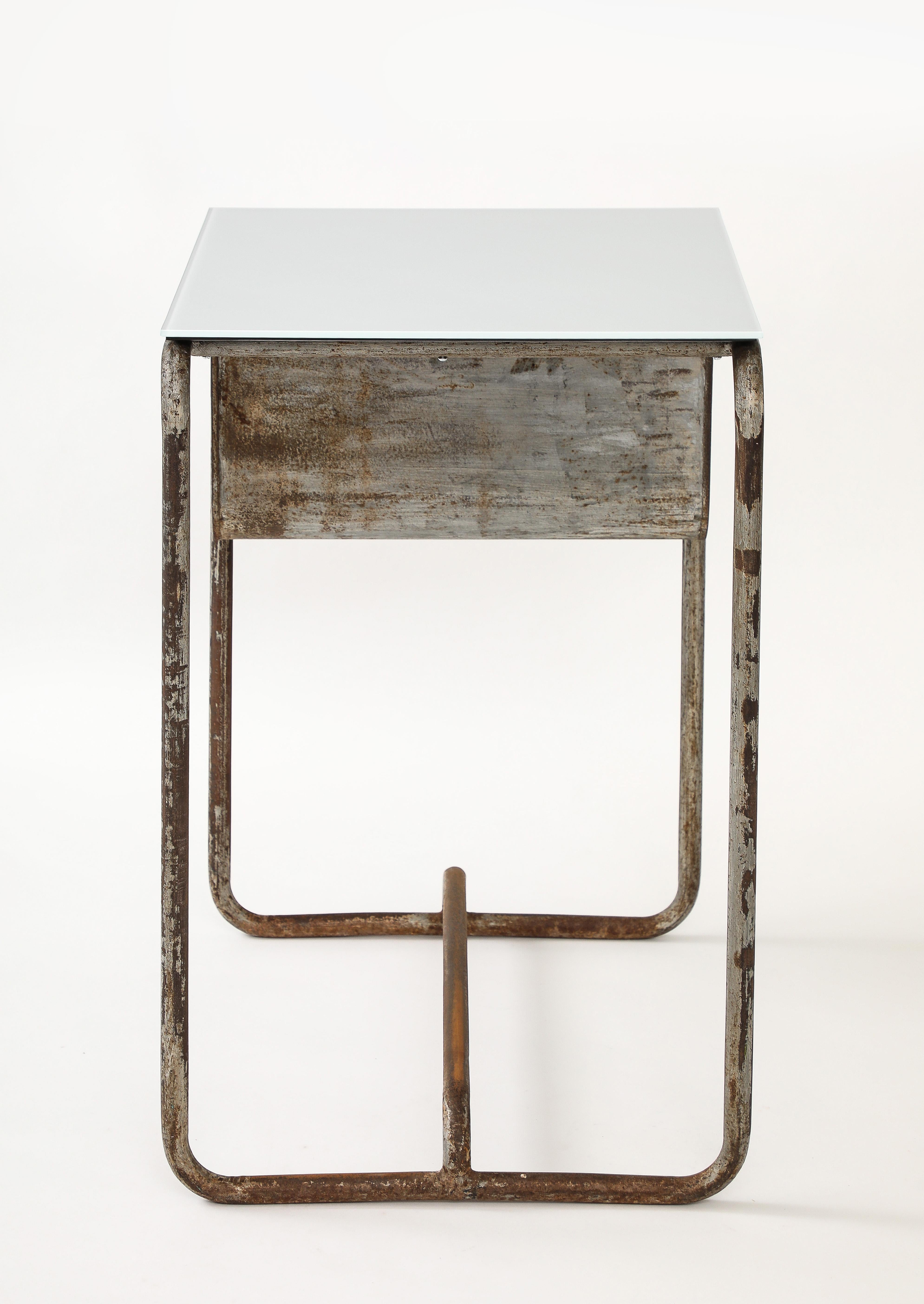 Steel Early Modernist Desk Side Table, Nickel Patina, Opaline Top, France, c. 1920 For Sale