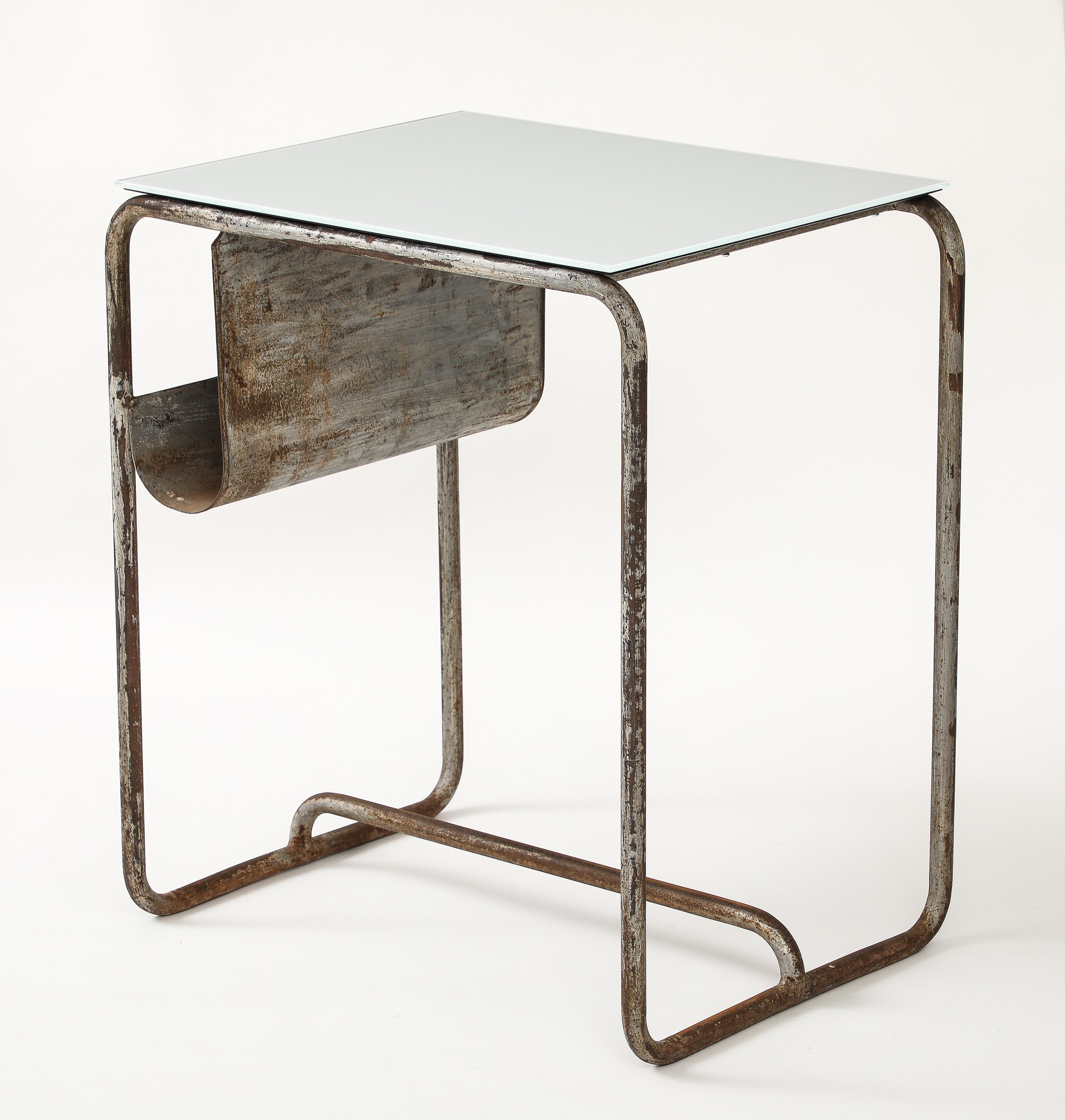 Early Modernist Desk Side Table, Nickel Patina, Opaline Top, France, c. 1920 For Sale 2
