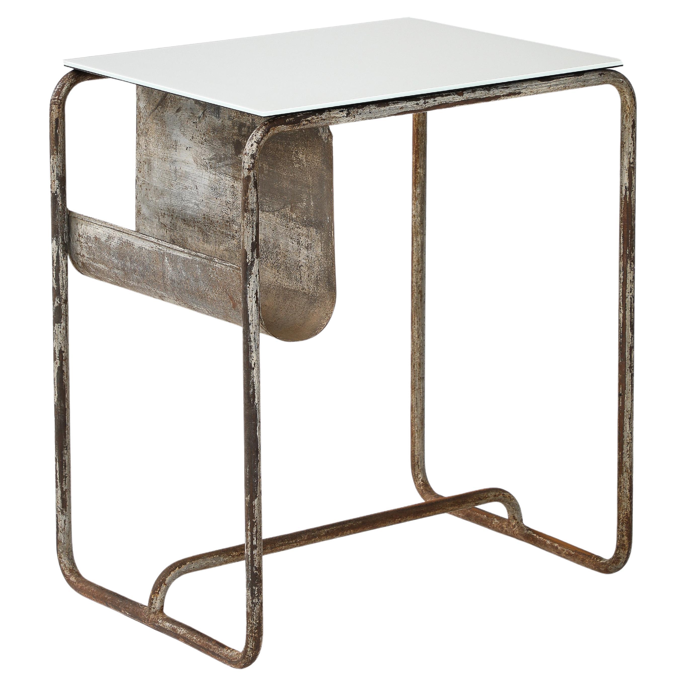 Early Modernist Desk Side Table, Nickel Patina, Opaline Top, France, c. 1920 For Sale
