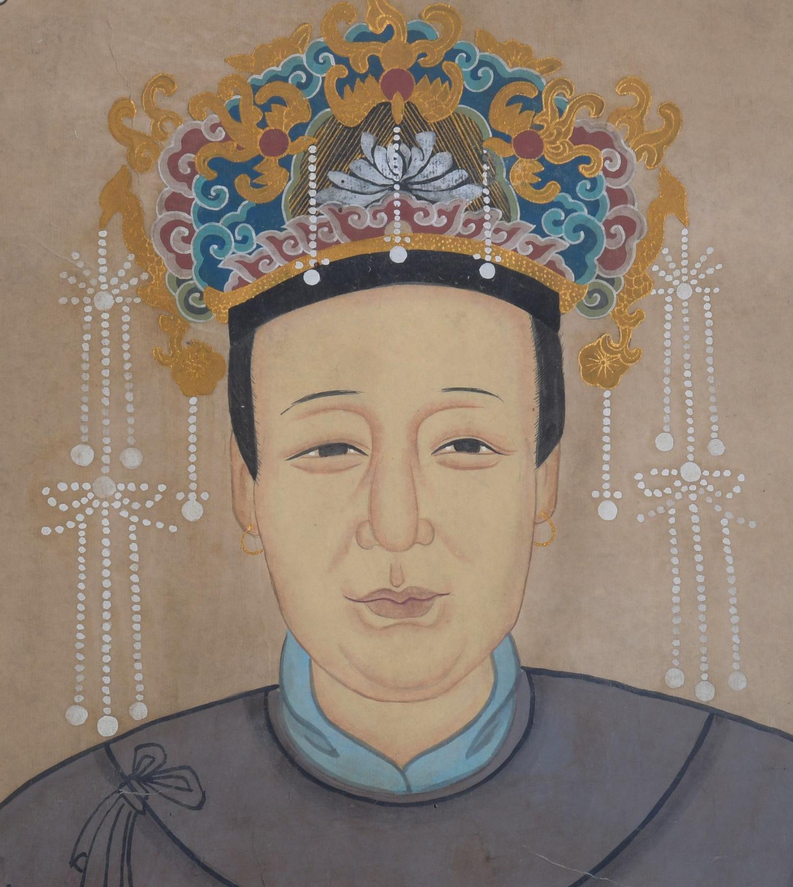 Chinese Export Early Monumental Framed Chinese Ancestral Portraits -Guache on Paper , 76”h - S/ For Sale