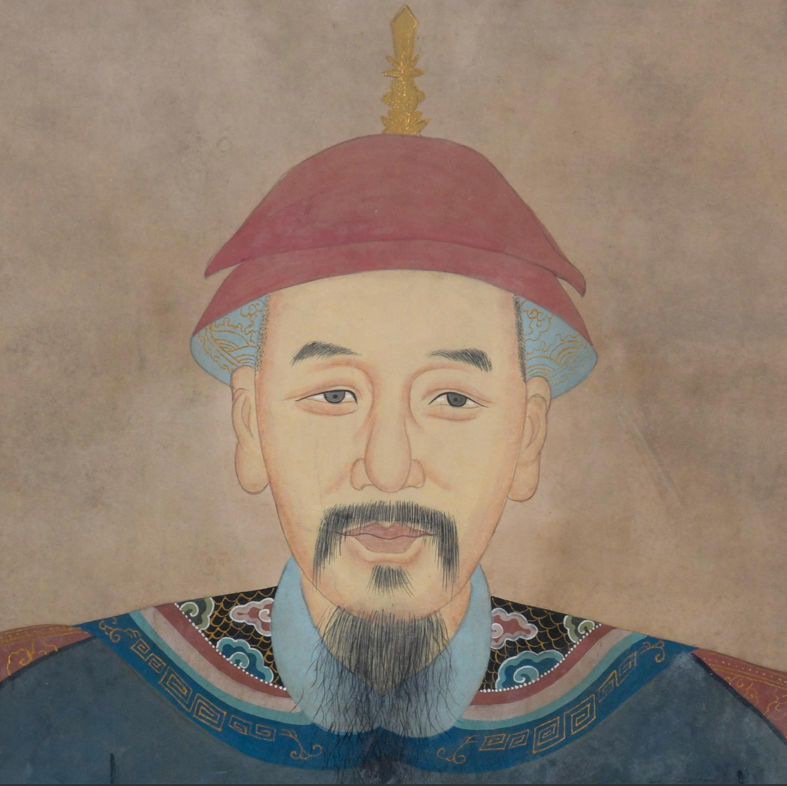 Early Monumental Framed Chinese Ancestral Portraits -Guache on Paper , 76”h - S/ In Good Condition For Sale In Kennesaw, GA
