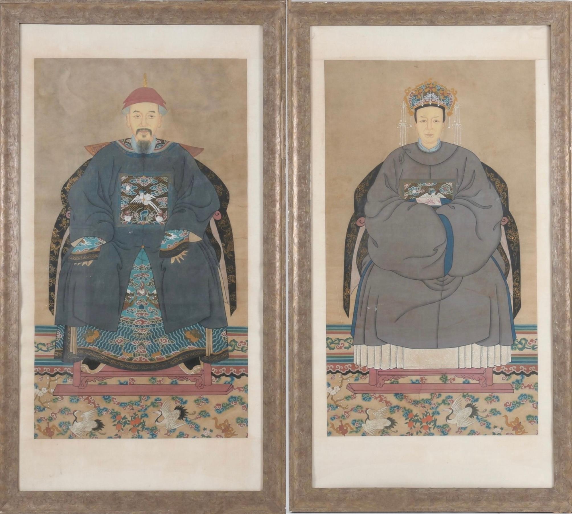 Plexiglass Early Monumental Framed Chinese Ancestral Portraits -Guache on Paper , 76”h - S/ For Sale
