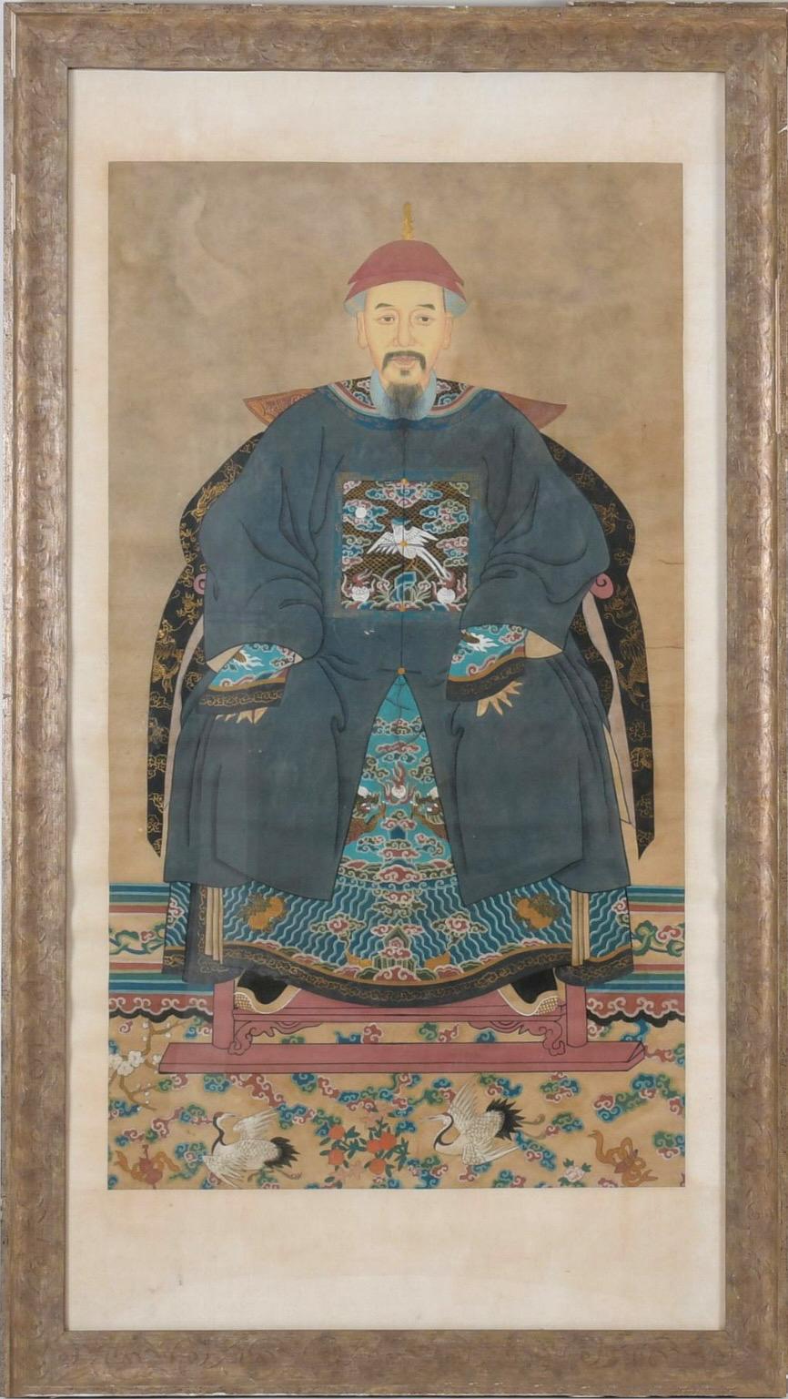 Early Monumental Framed Chinese Ancestral Portraits -Guache on Paper , 76”h - S/ For Sale 1