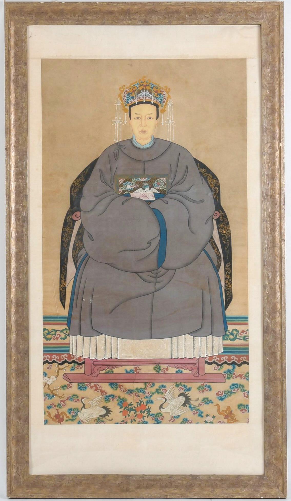 Early Monumental Framed Chinese Ancestral Portraits -Guache on Paper , 76”h - S/ For Sale 2