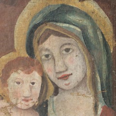 Early Antique Naive Madonna And Child, Original Portrait Painting, 18th Century