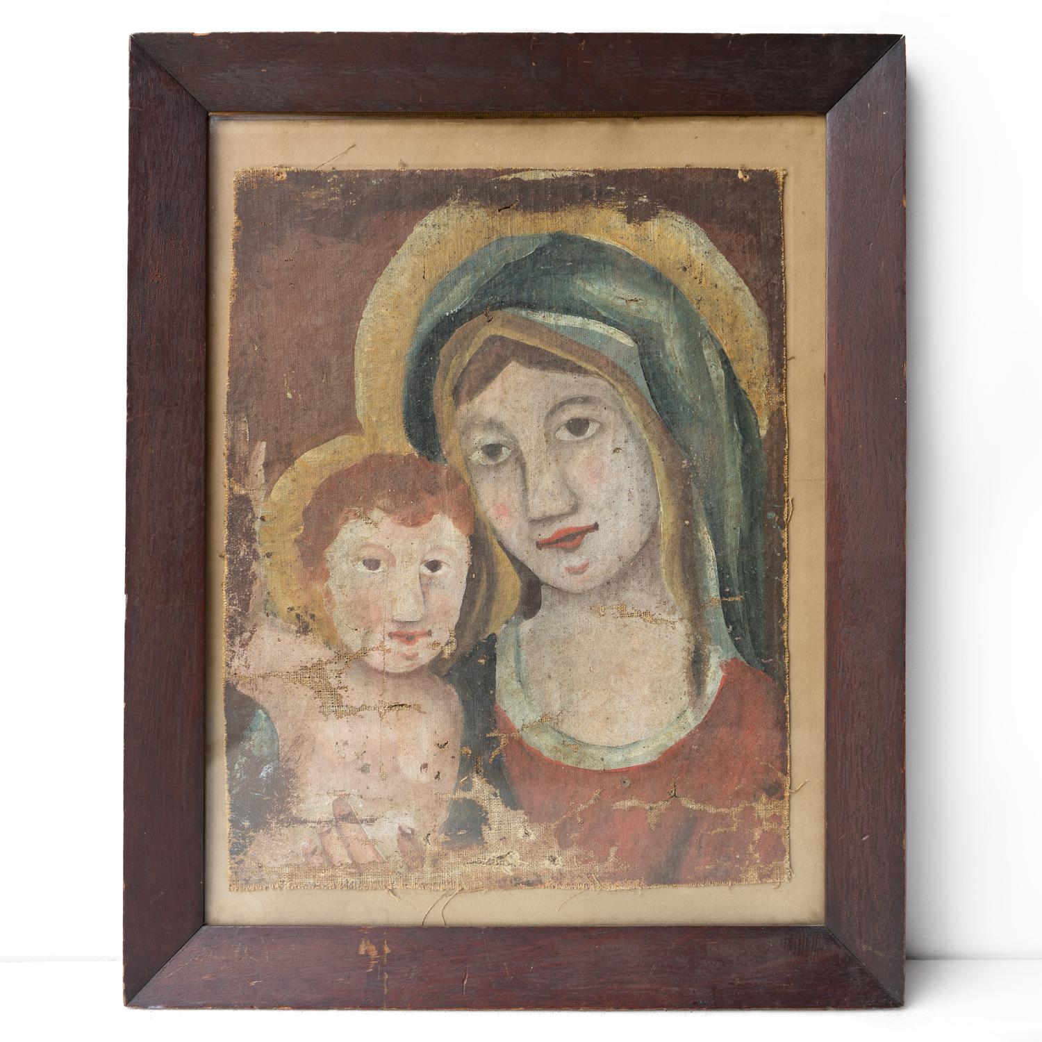 European Early Naive School Madonna And Child, Original Antique Oil Painting, 18th C. For Sale