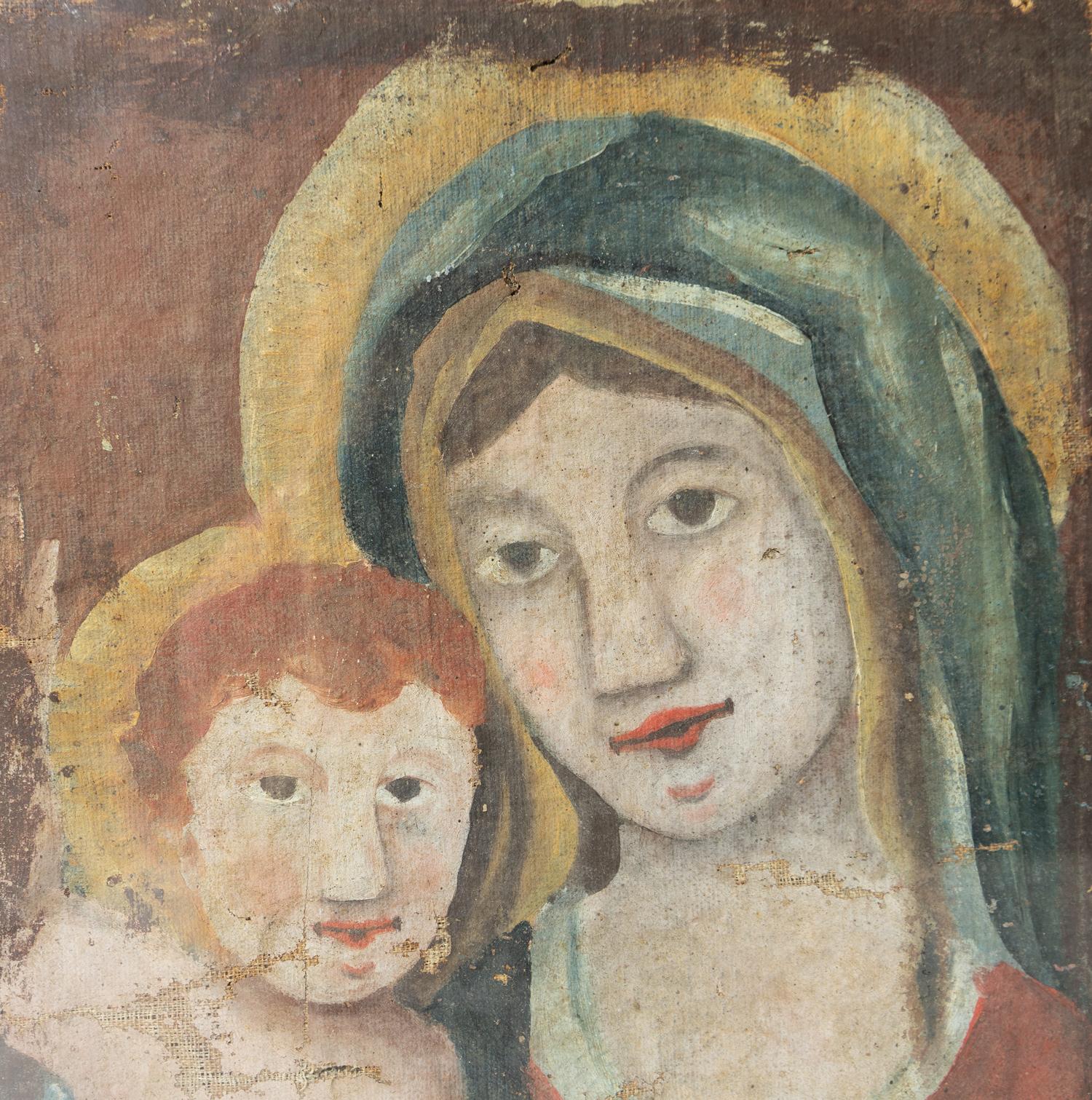 Hand-Painted Early Naive School Madonna And Child, Original Antique Oil Painting, 18th C. For Sale