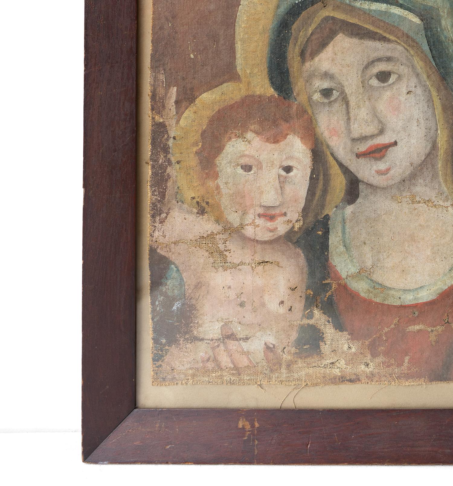 Canvas Early Naive School Madonna And Child, Original Antique Oil Painting, 18th C. For Sale