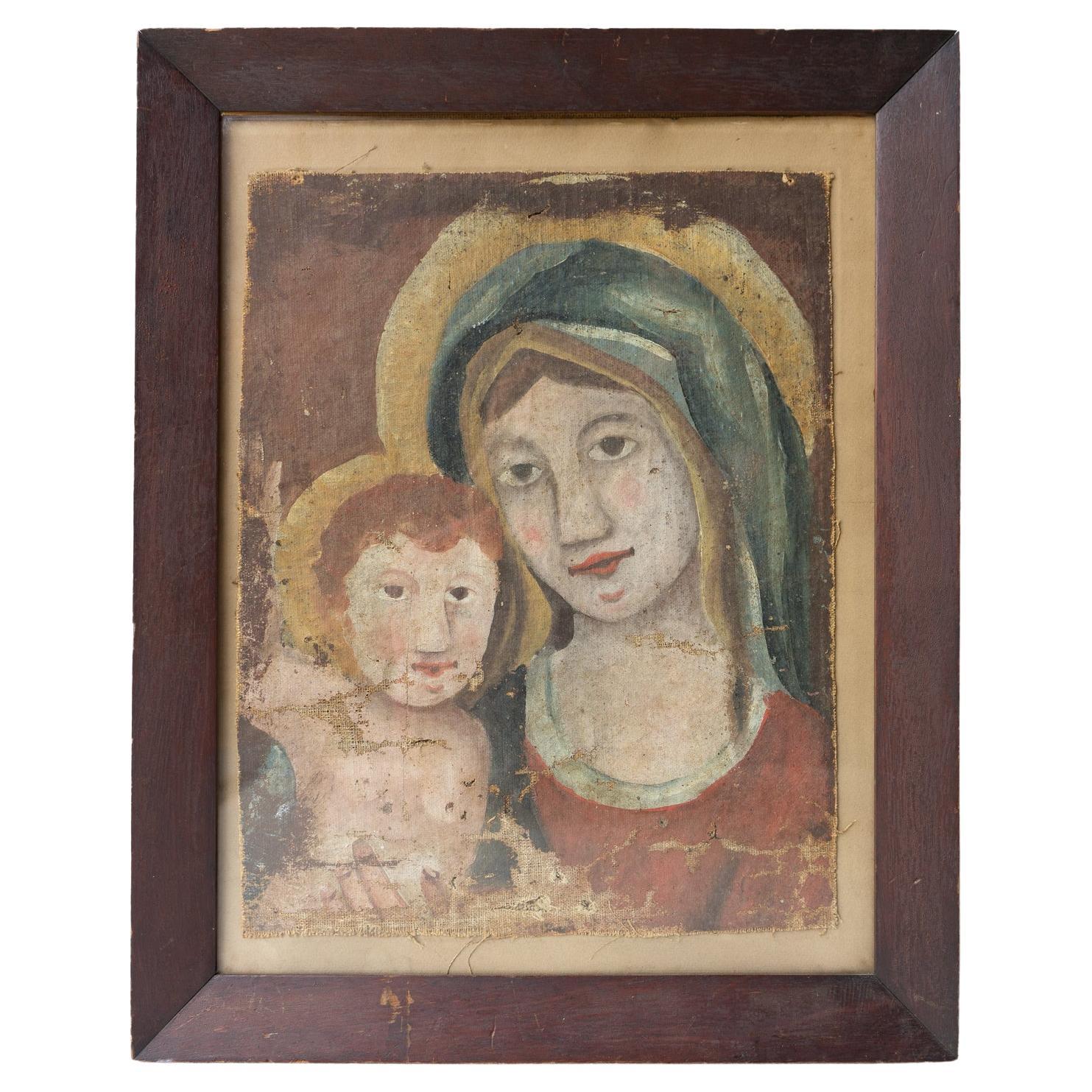 Early Naive School Madonna And Child, Original Antique Oil Painting, 18th C. For Sale