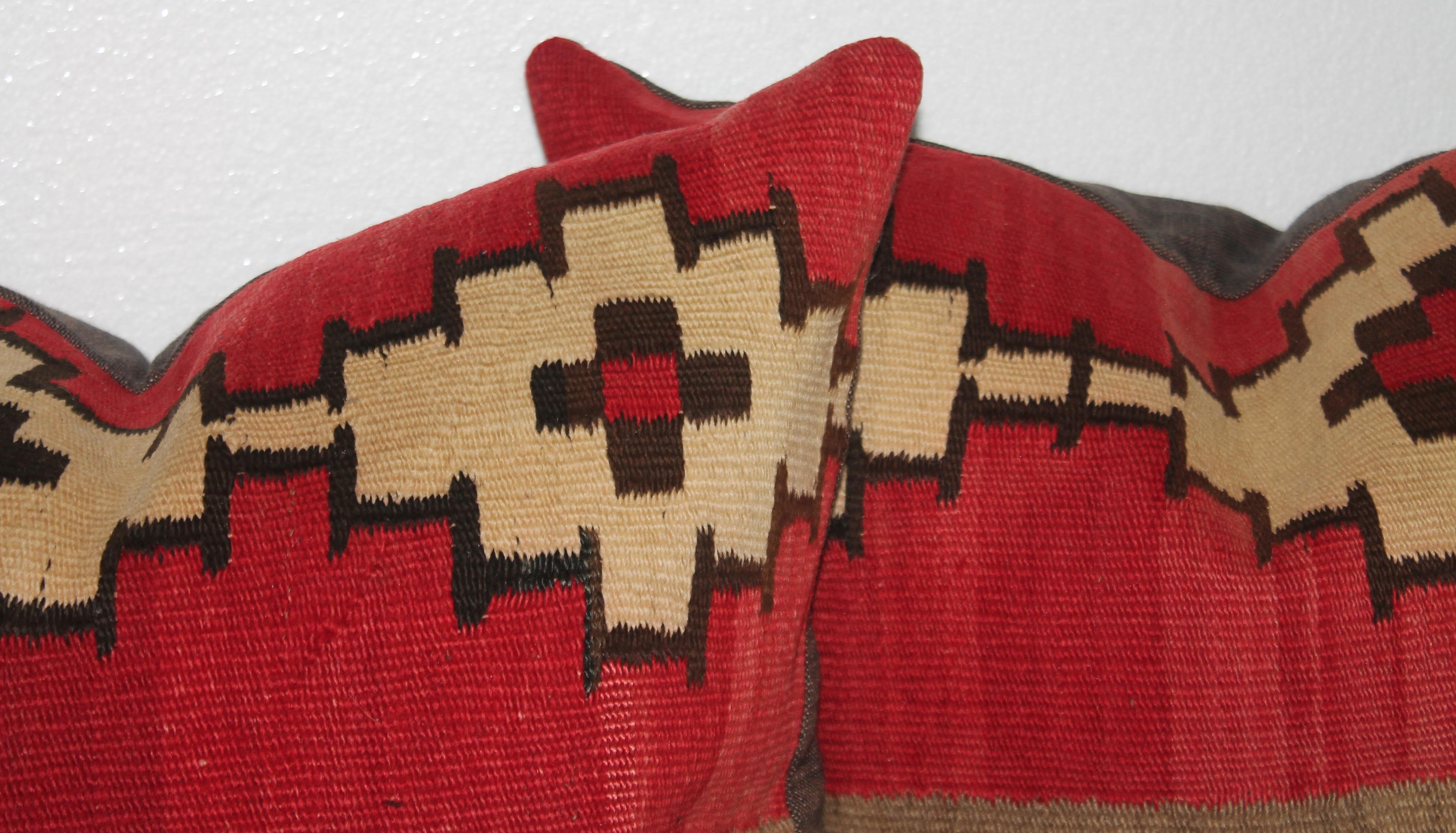 These Navajo Indian weaving pillows are fantastic colors and have wonderful rustic cotton linen backings. Sold as a pair or 950. each.
