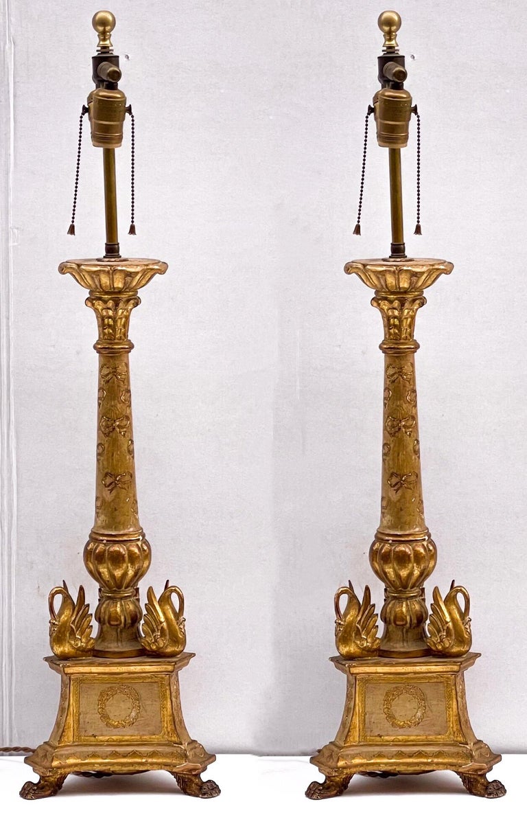 Early Neo-Classical Style Carved Giltwood Italian Table Lamps, Pair In Good Condition For Sale In Kennesaw, GA