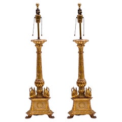 Early Neo-Classical Style Carved Giltwood Italian Table Lamps, Pair