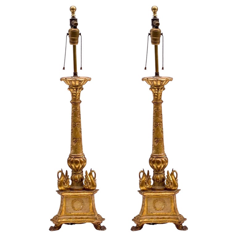Early Neo-Classical Style Carved Giltwood Italian Table Lamps, Pair For Sale
