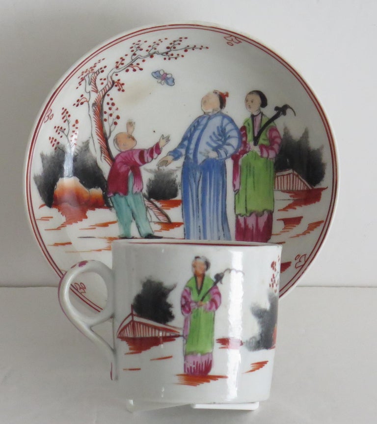 English Early New Hall Porcelain Coffee Can & Saucer Duo Chinese Pattern 421, circa 1800 For Sale