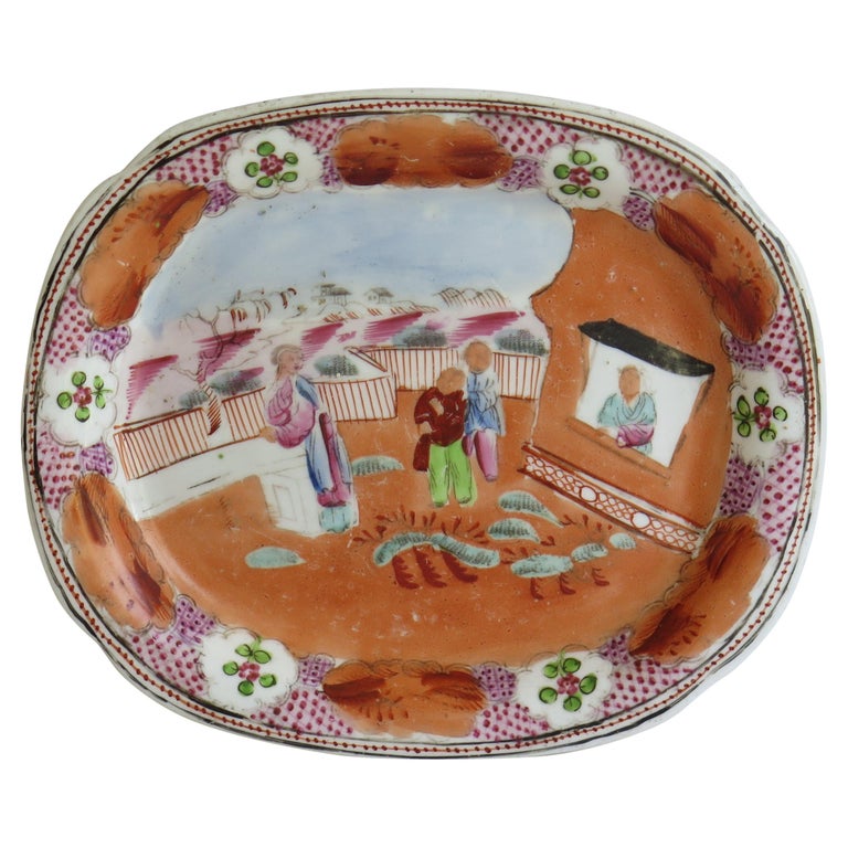 Early New Hall Porcelain Teapot stand with Boy in Window Ptn No.425, circa 1800 For Sale