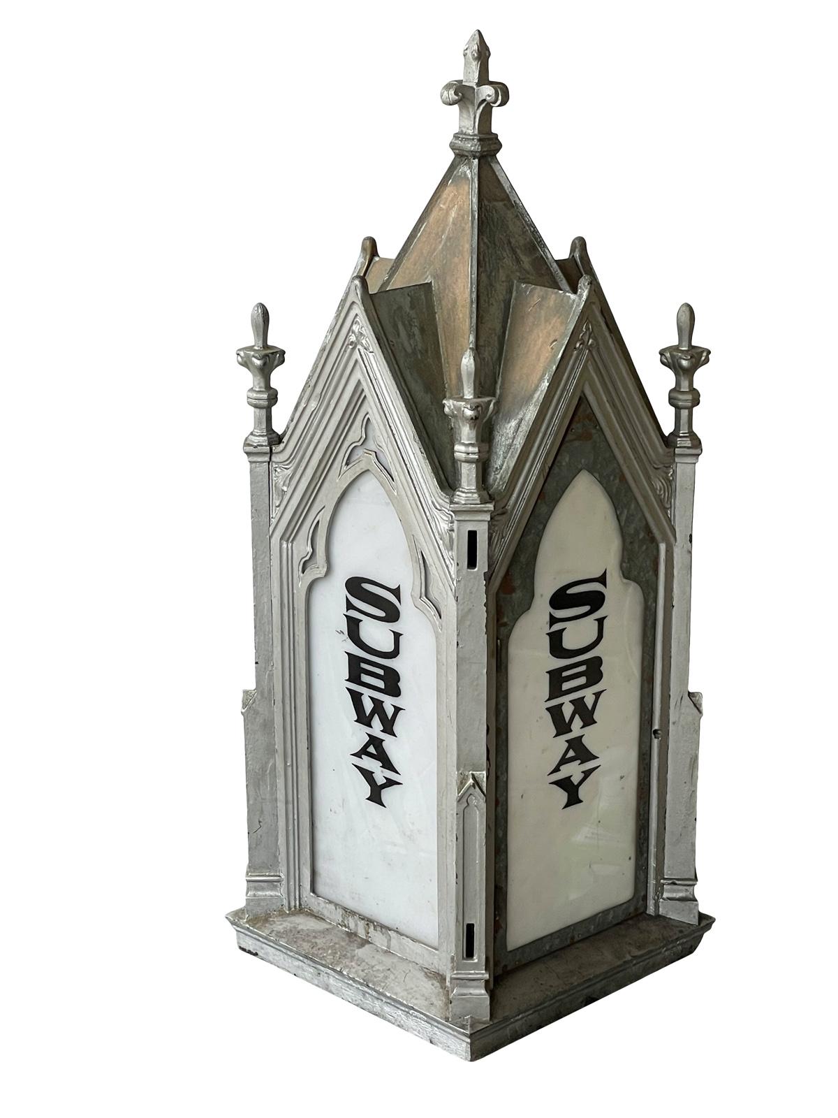 This is a truly amazing piece of New York City subway history solid bronze lantern with 2 sets of 4 original acrylic subway inserts black and white this does not have any wiring or socket it’s just the bronze structure only