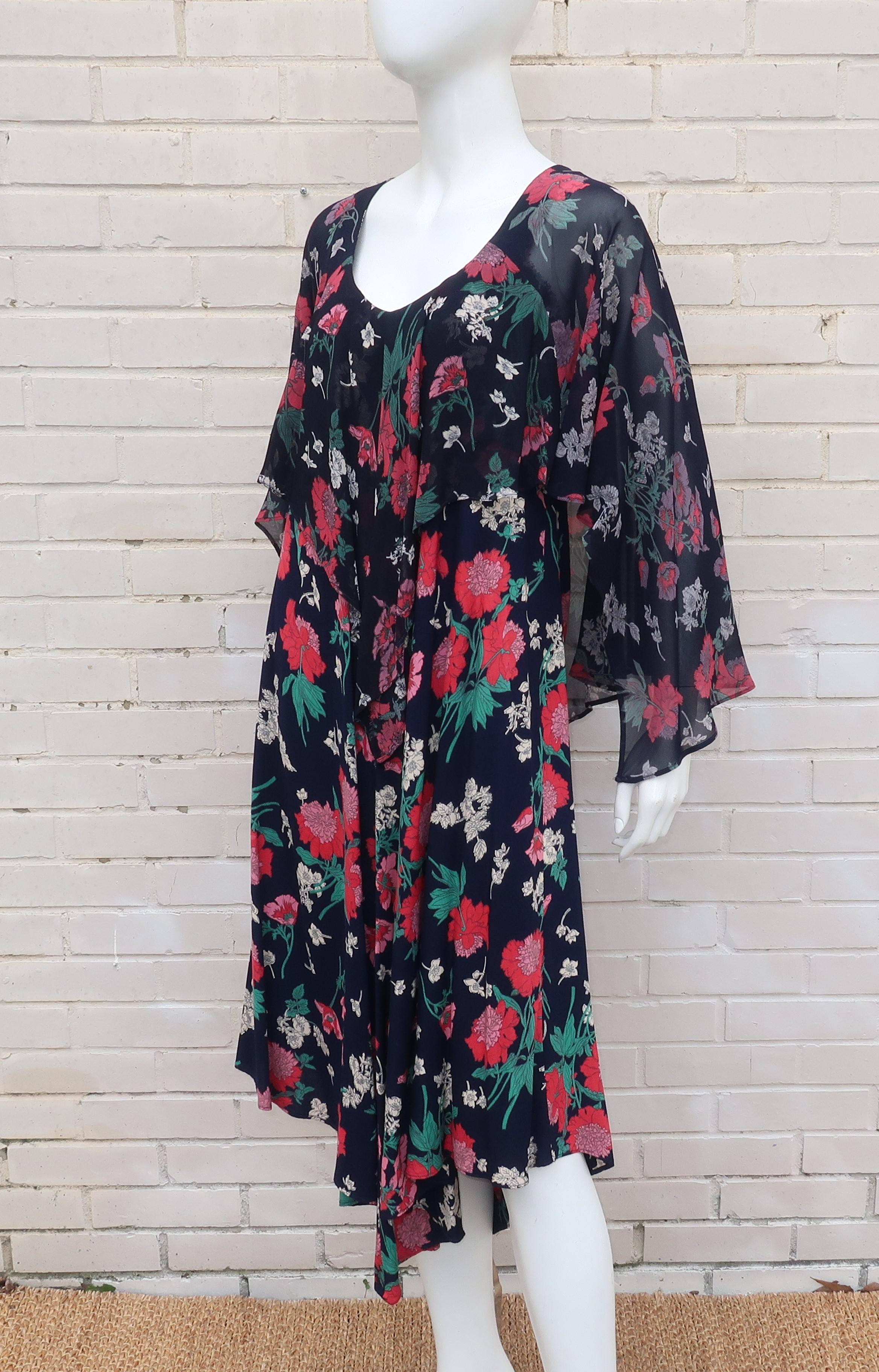 Early Nicole Miller 1970's Floral Bohemian Dress With Overlay  5