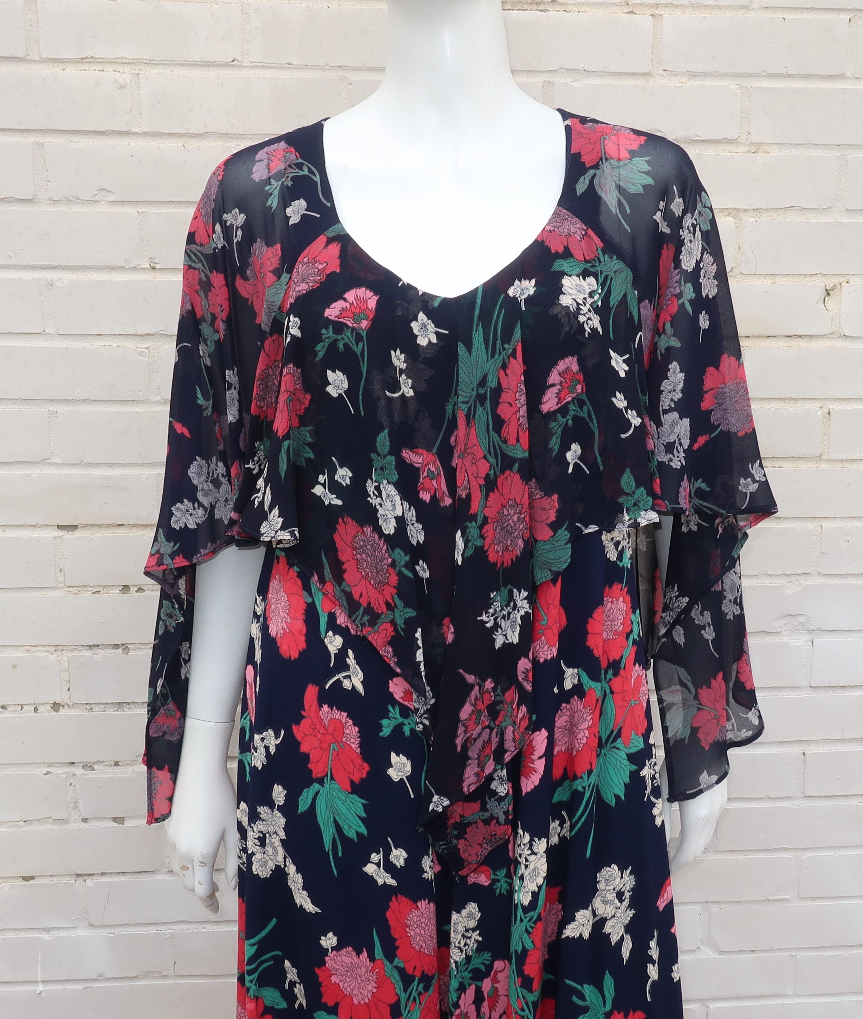 Black Early Nicole Miller 1970's Floral Bohemian Dress With Overlay 