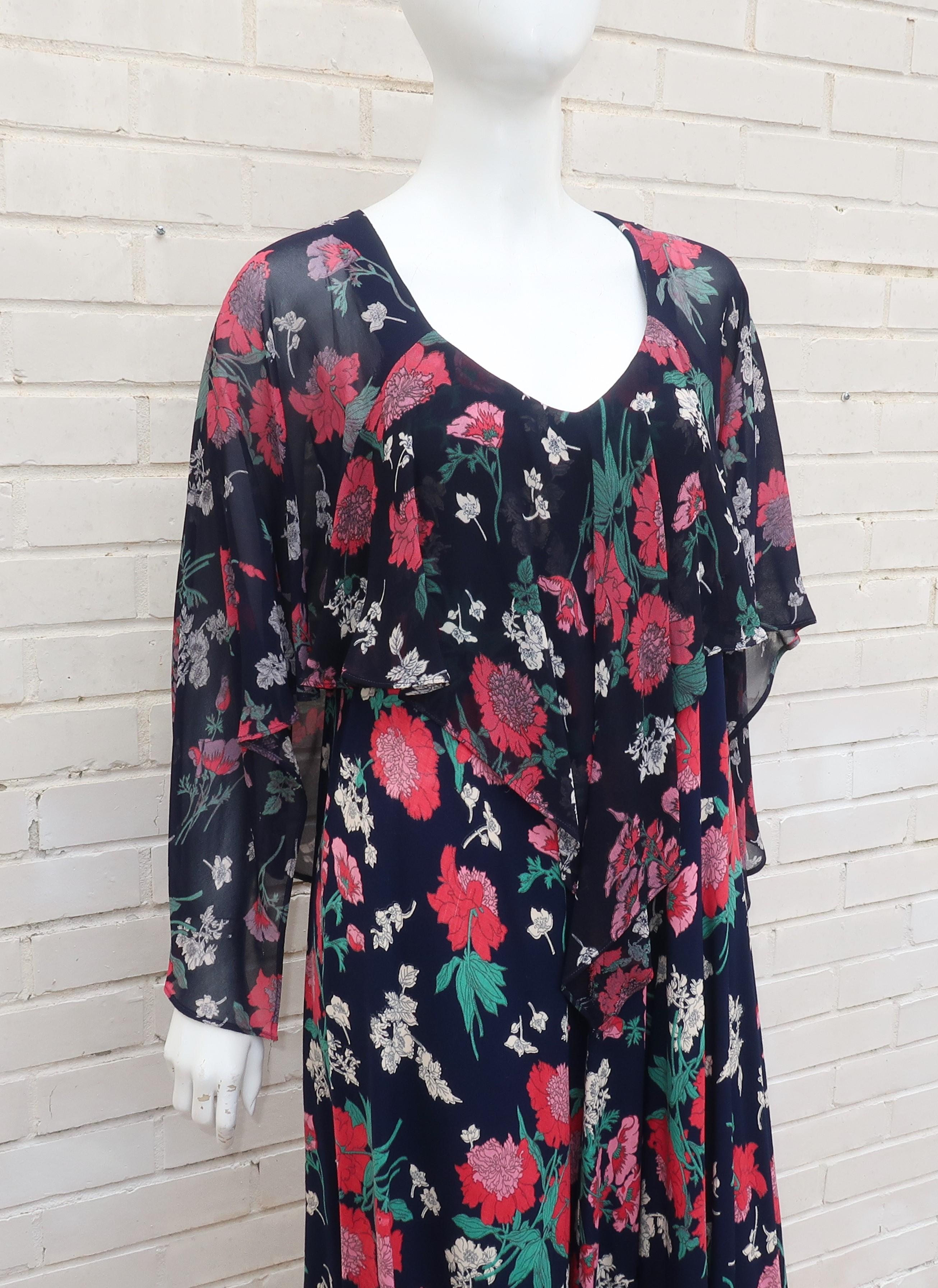 Early Nicole Miller 1970's Floral Bohemian Dress With Overlay  In Good Condition In Atlanta, GA