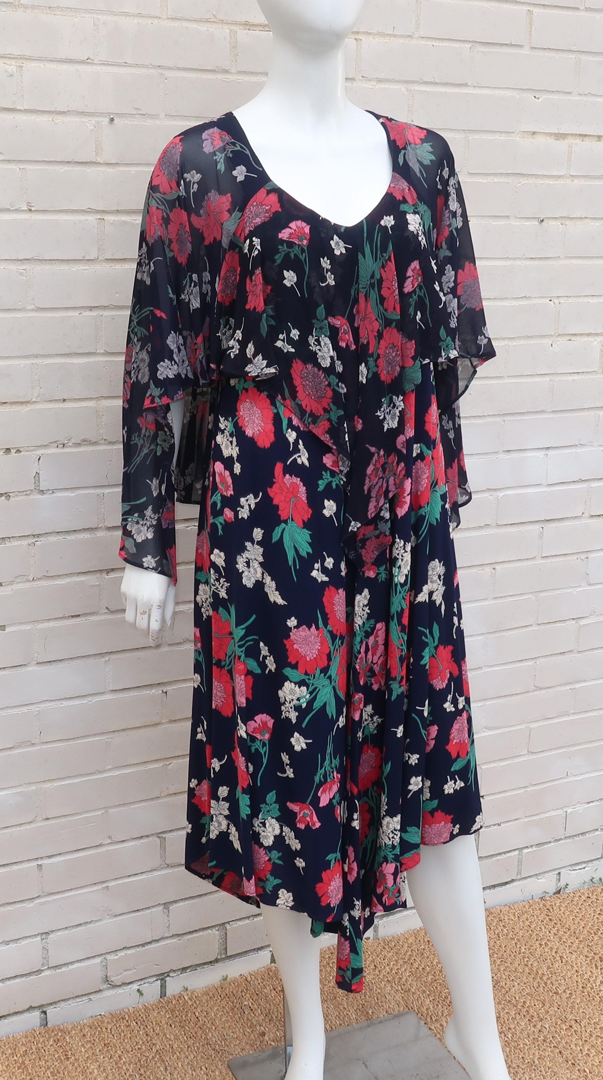 Women's Early Nicole Miller 1970's Floral Bohemian Dress With Overlay 