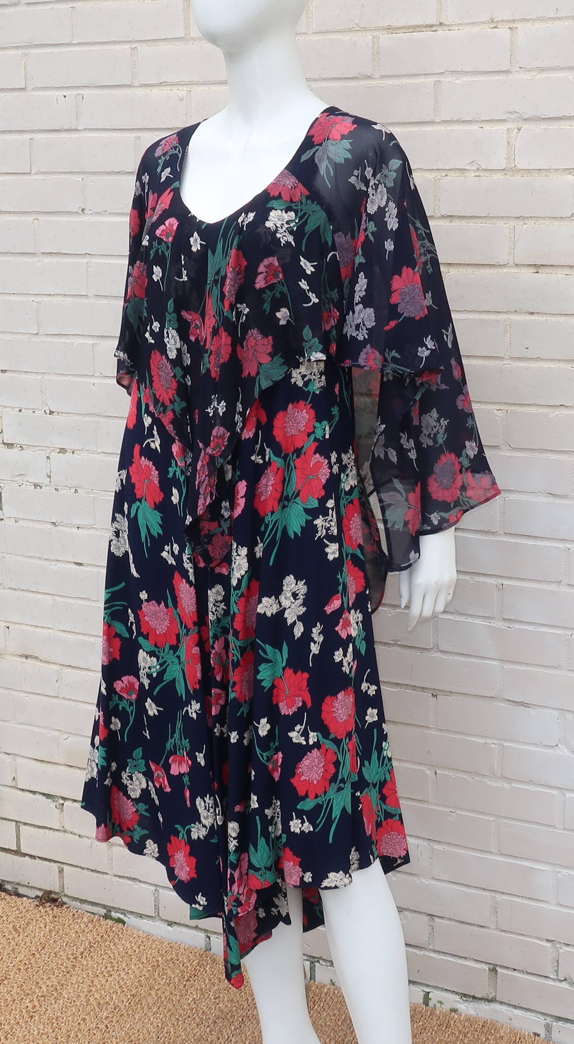 Early Nicole Miller 1970's Floral Bohemian Dress With Overlay  2