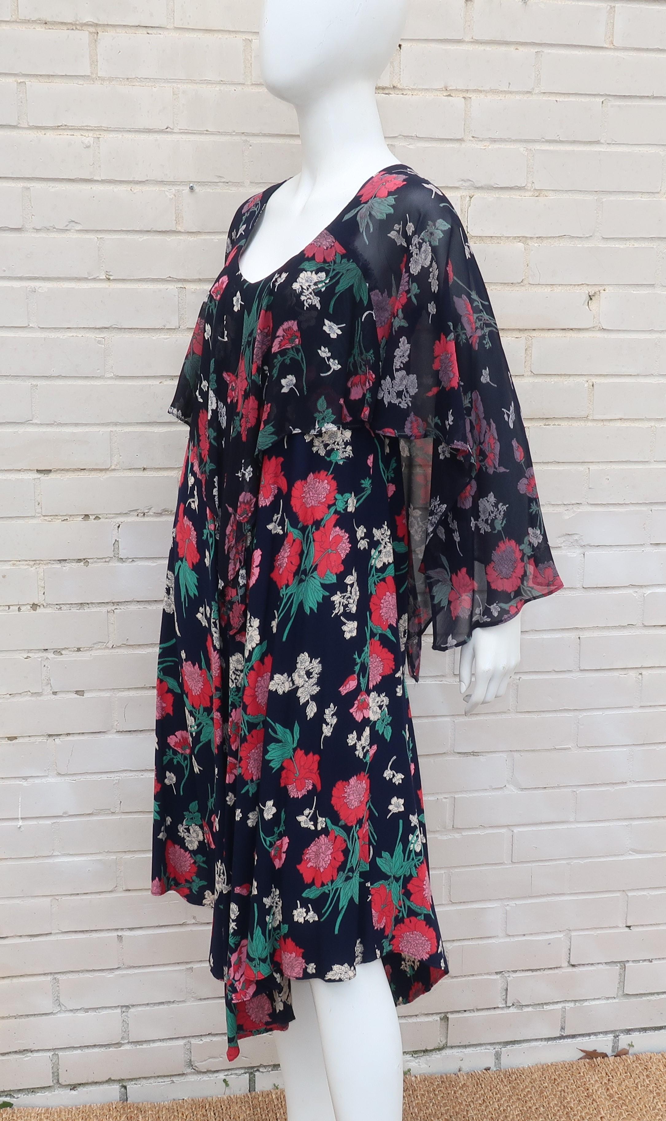 Early Nicole Miller 1970's Floral Bohemian Dress With Overlay  3