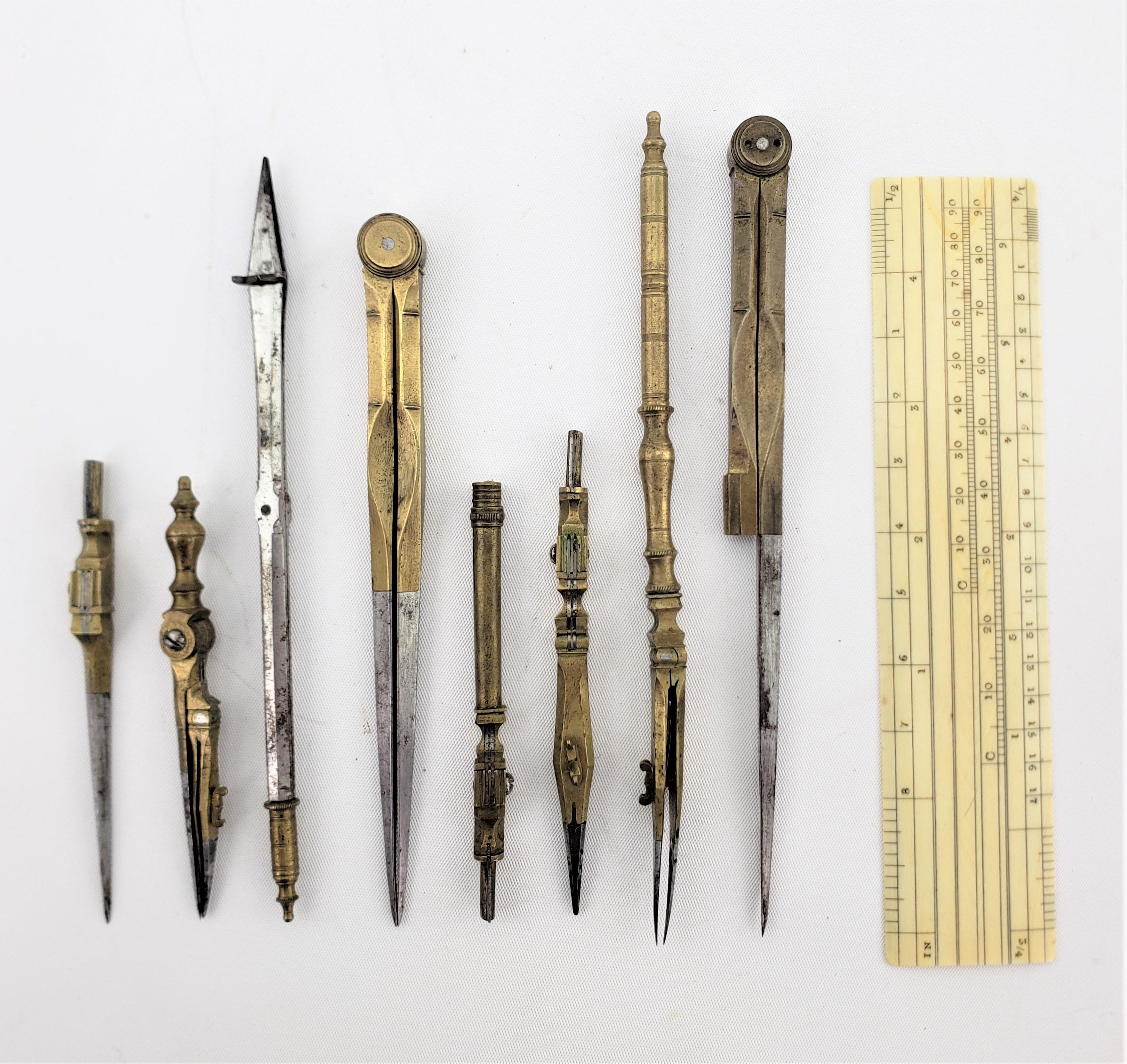 Metal Early Nine Piece Antique Mechanical Drafting Instrument Set with Fitted Case
