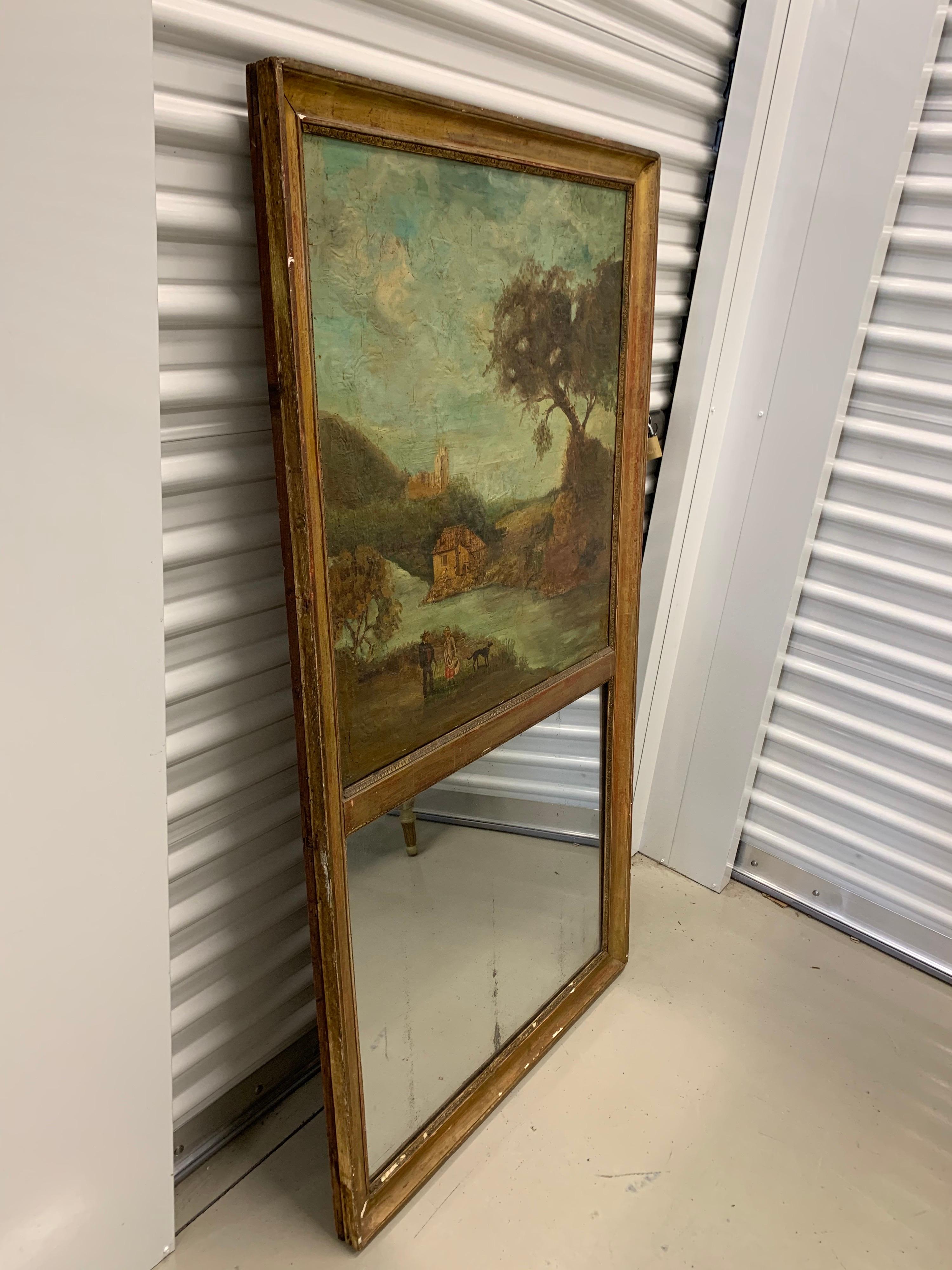 Early Nineteenth Century French Trumeau Antique Gilt Mirror Painting on Canvas 1