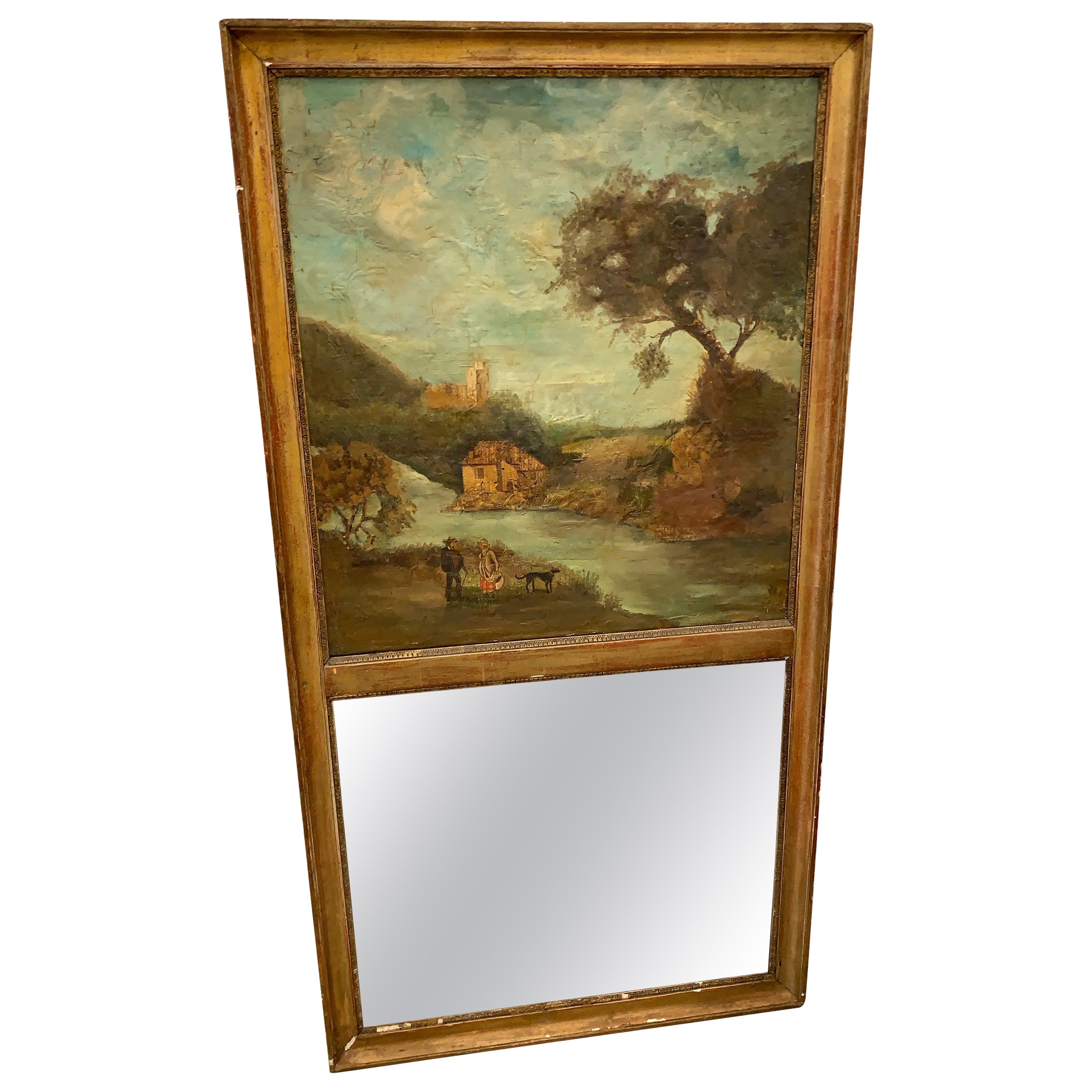 Early Nineteenth Century French Trumeau Antique Gilt Mirror Painting on Canvas