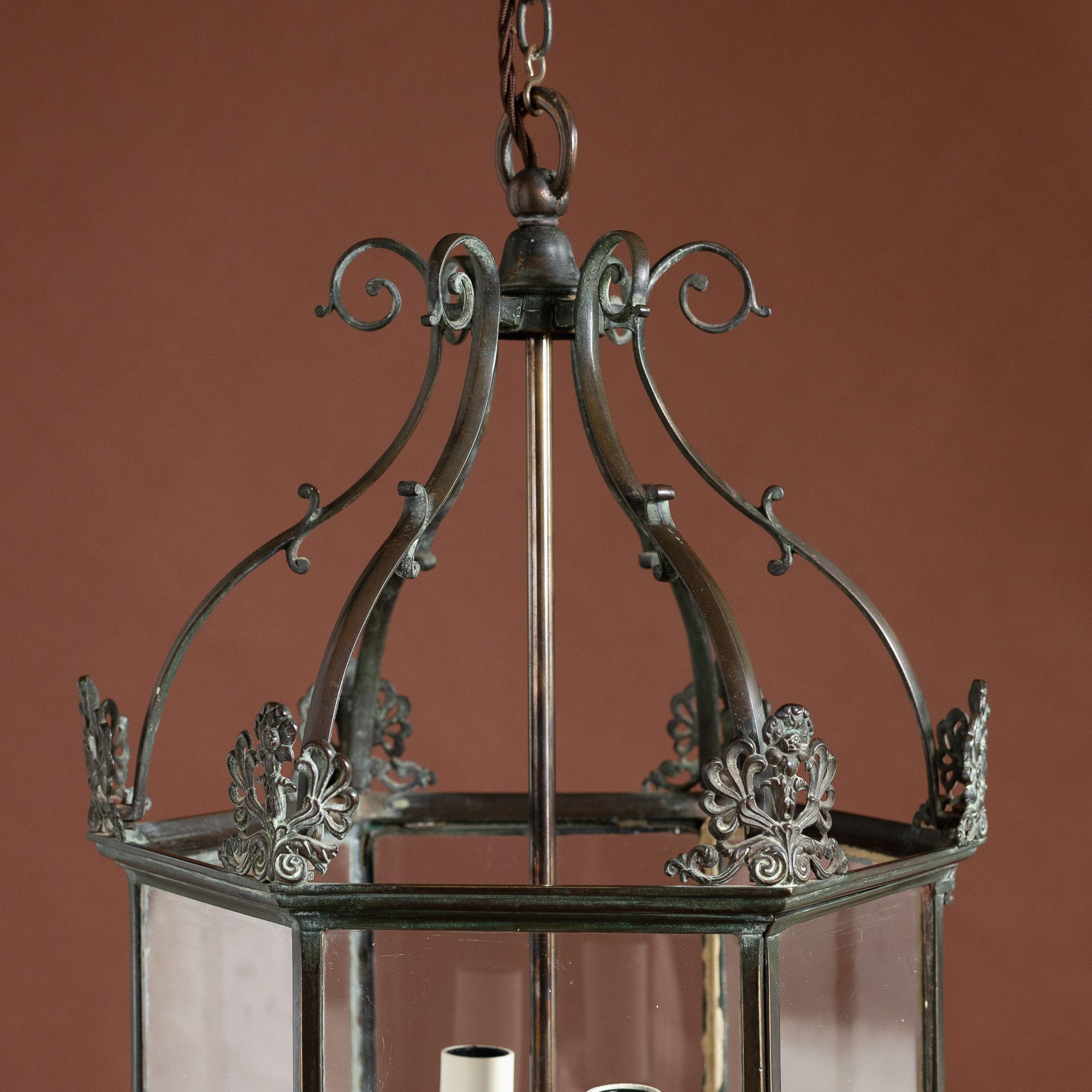 British Early Nineteenth Century Style Patinated Brass Lantern For Sale