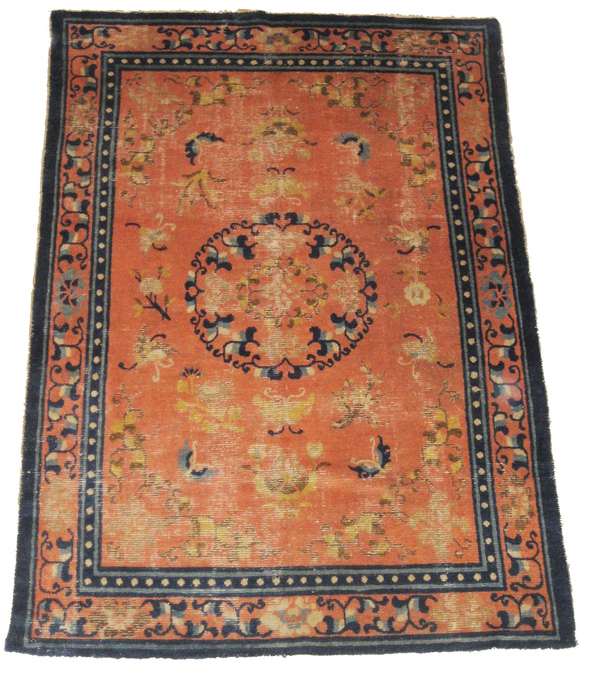 Ming 18th Century Chinese Ningxia Rug with Floral Medallion and Butterflies For Sale