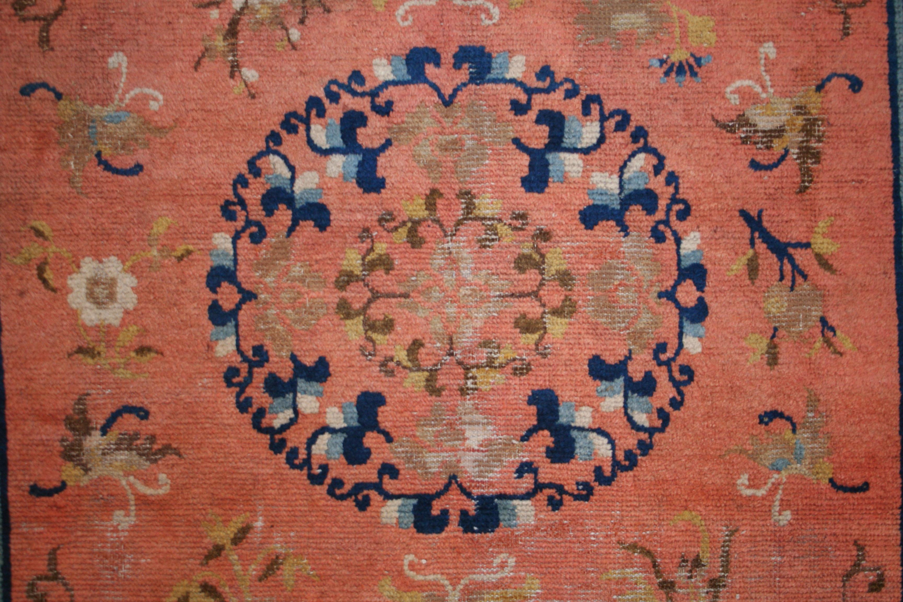 Wool 18th Century Chinese Ningxia Rug with Floral Medallion and Butterflies For Sale