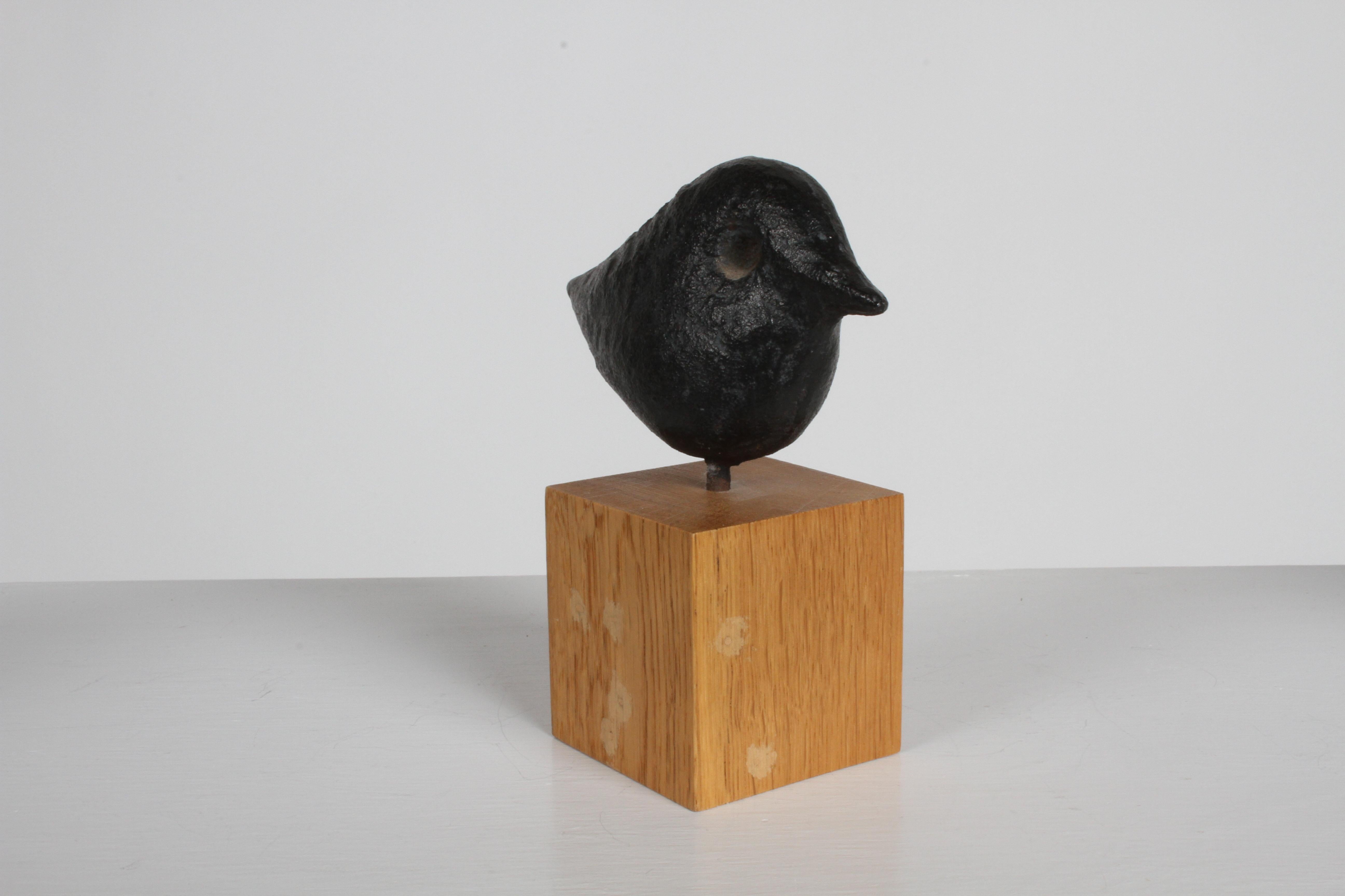 Early Nobuho Miya Set of 3 Mid-Century Cast Iron Bird Sculptures on Wood Cubes 12
