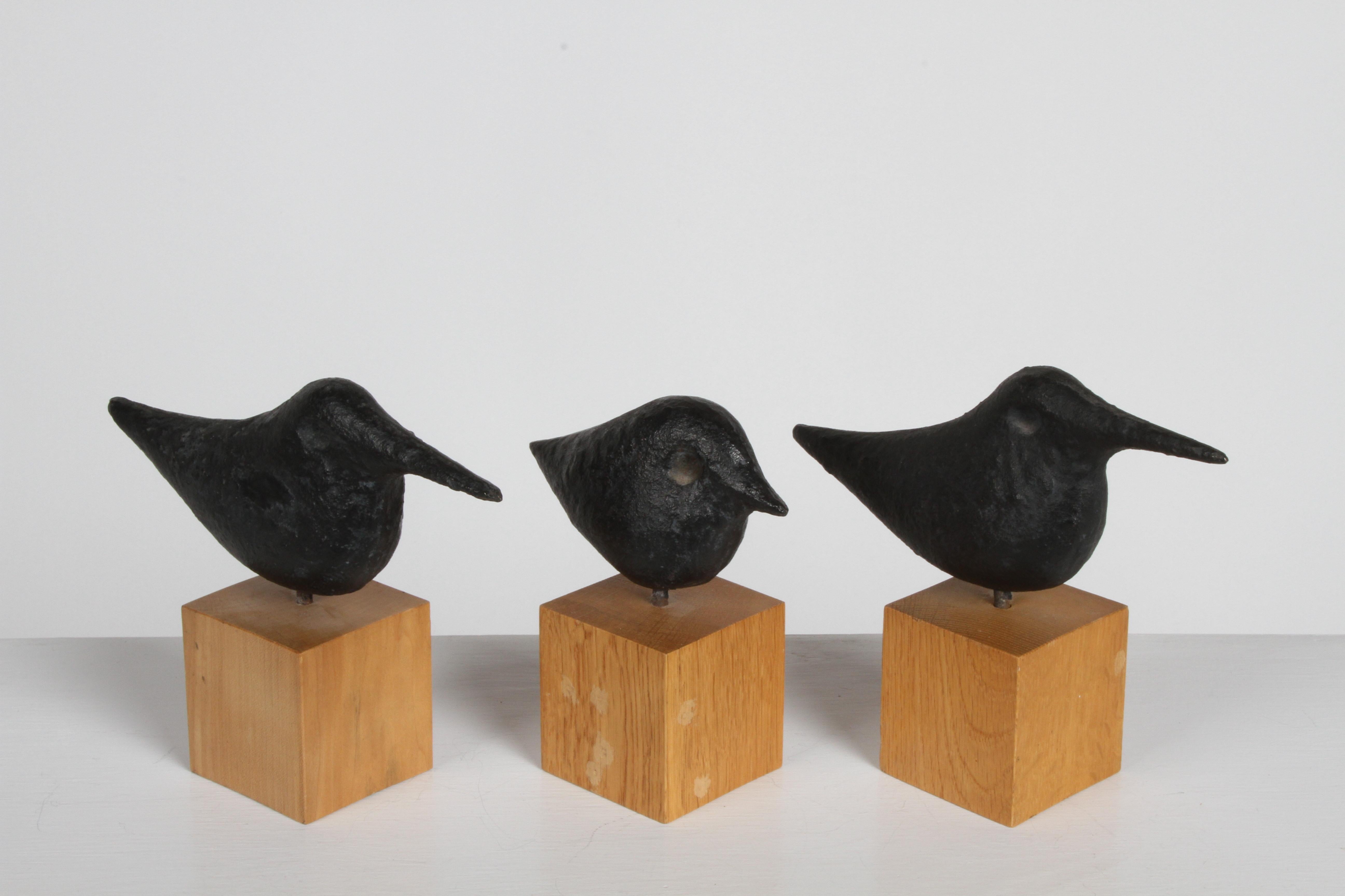 Japanese Early Nobuho Miya Set of 3 Mid-Century Cast Iron Bird Sculptures on Wood Cubes