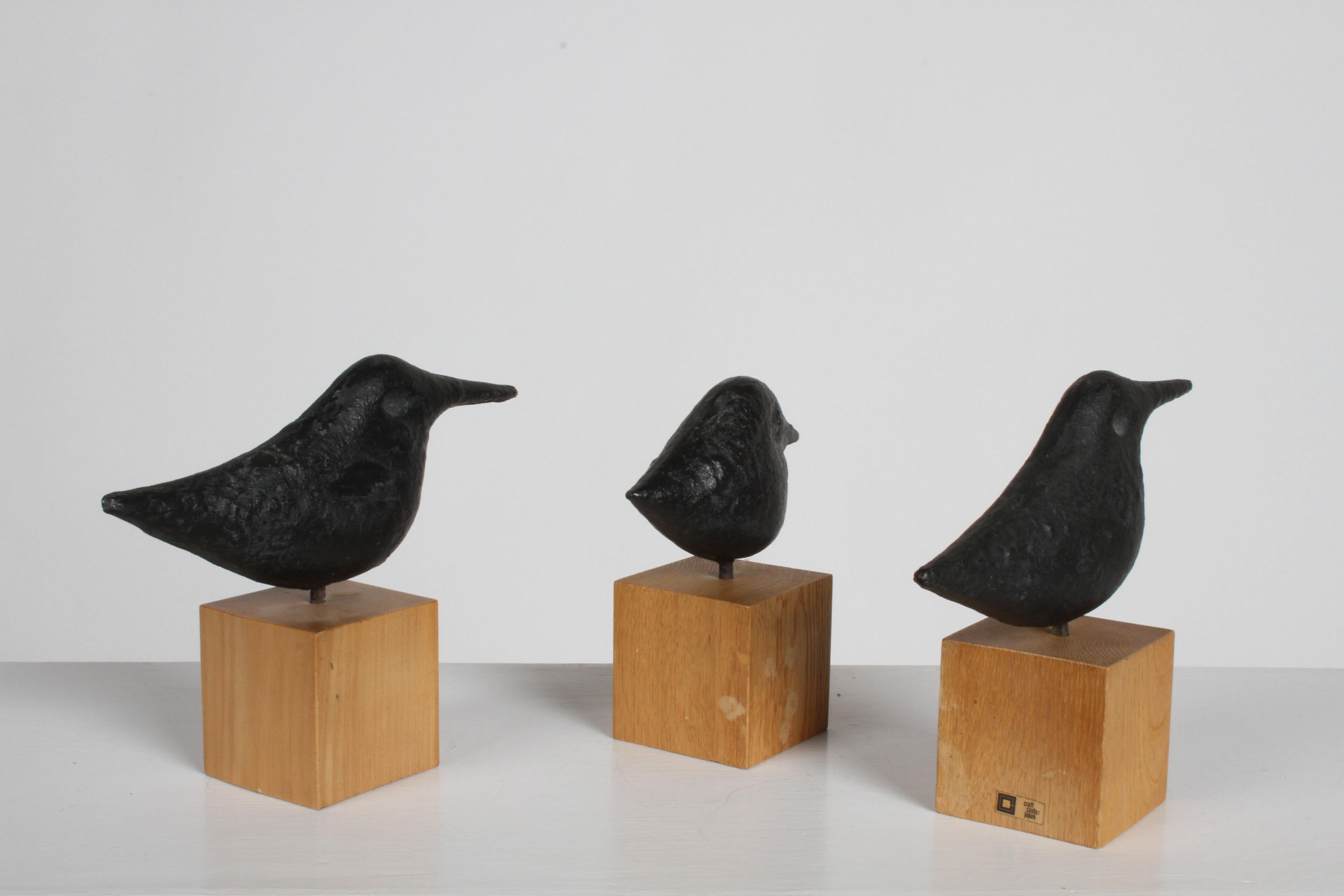 Early Nobuho Miya Set of 3 Mid-Century Cast Iron Bird Sculptures on Wood Cubes In Good Condition In St. Louis, MO