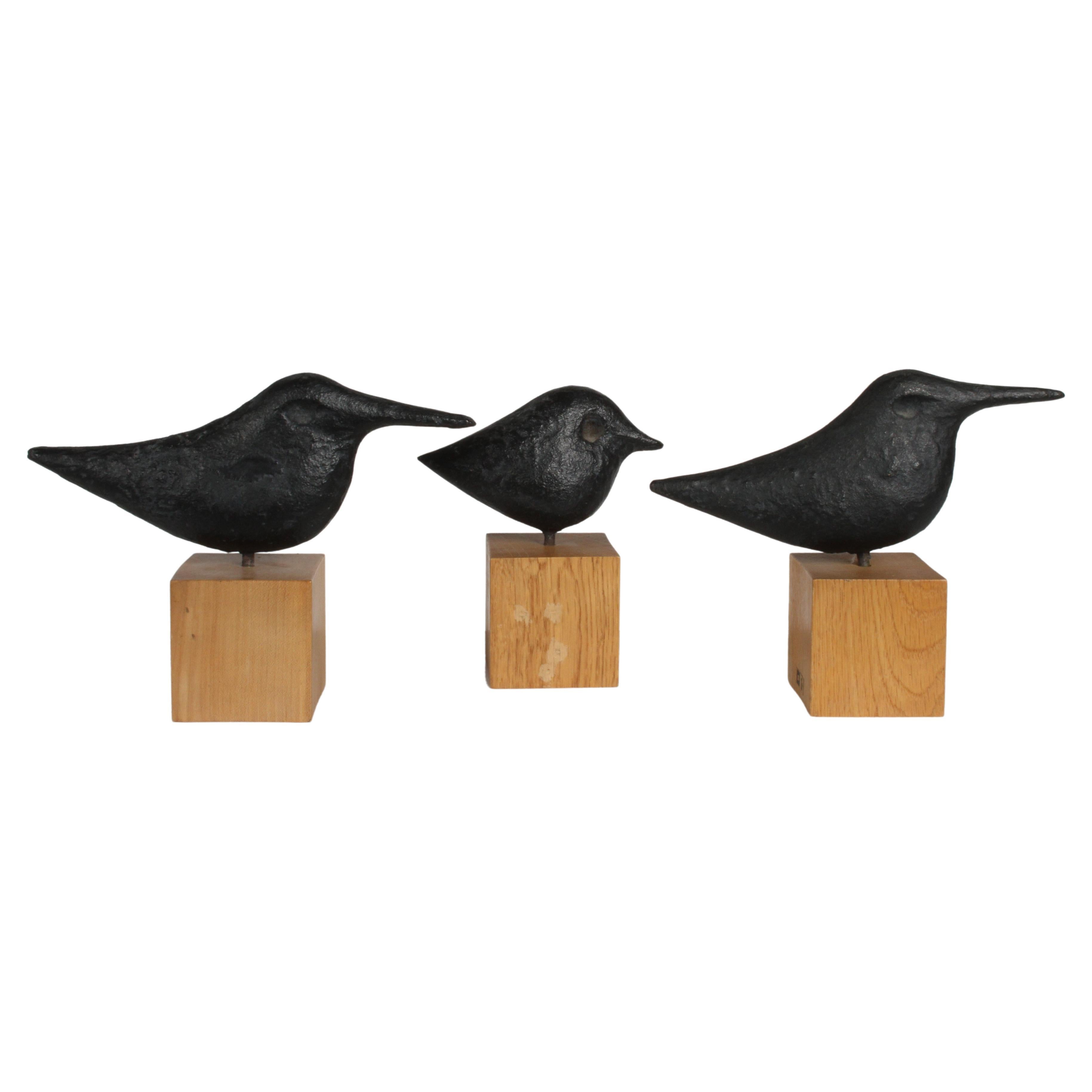 Early Nobuho Miya Set of 3 Mid-Century Cast Iron Bird Sculptures on Wood Cubes