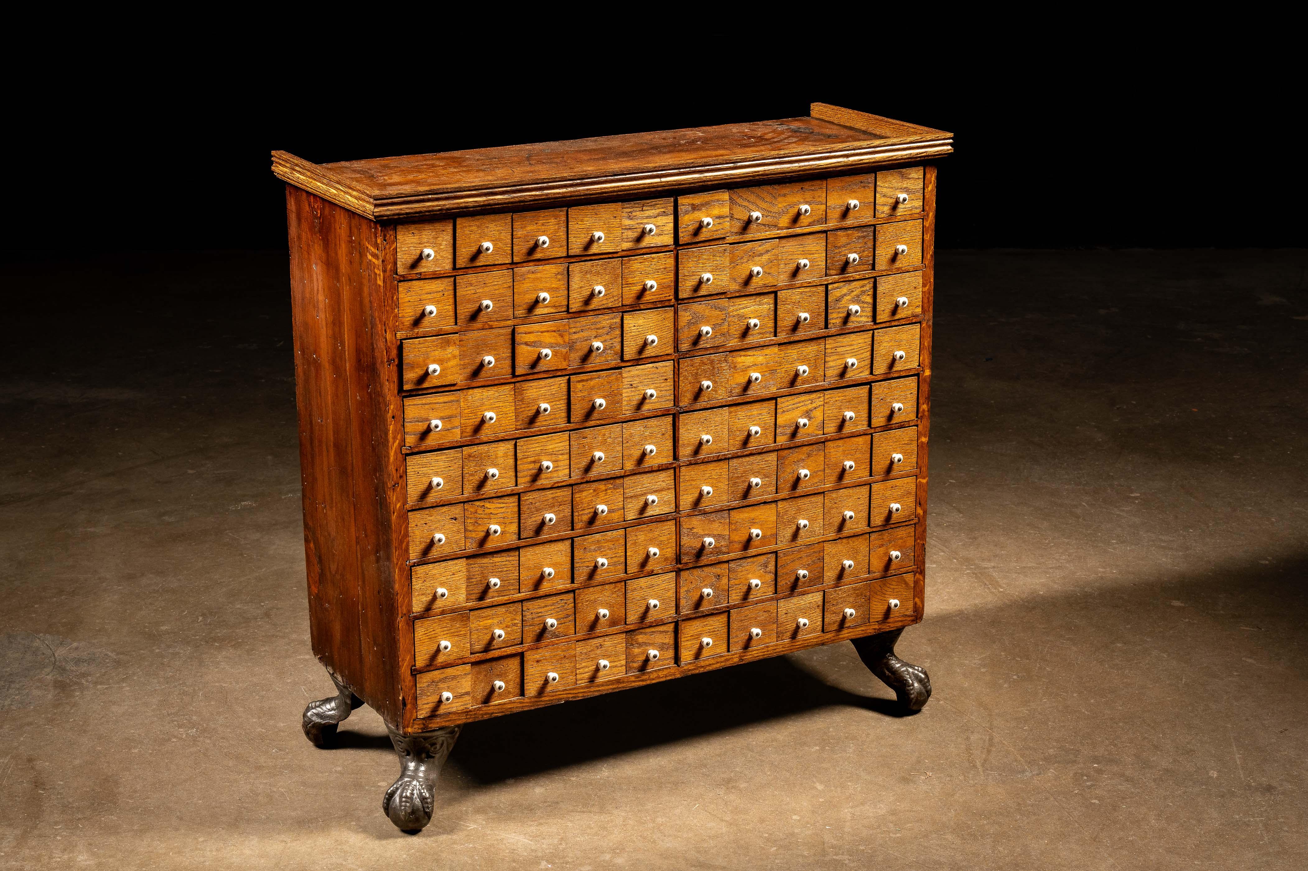 Industrial Early Oak 90-Drawer Apothecary Cabinet