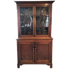 Early Oak British Bookshelf or Display Cabinet with Original Glass