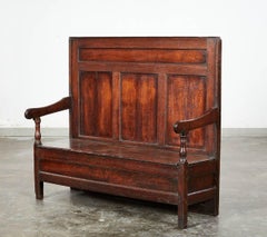 Early Oak Paneled Back Settle Bench