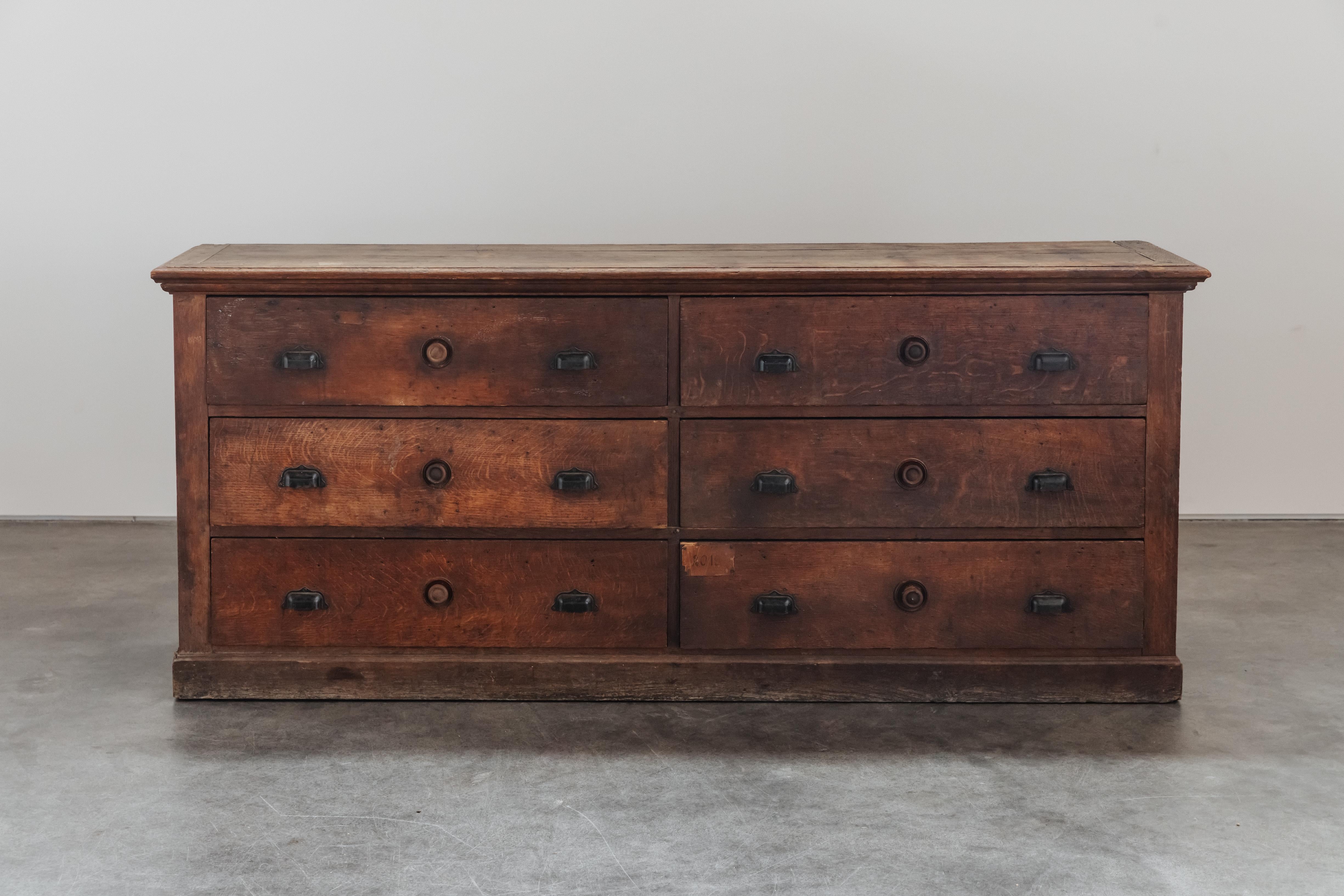Early Oak Shop Commode From France, Circa 1900.  Solid oak construction with original hardware.  Great patina.