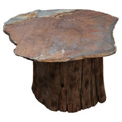 Early Oak Stump Table With Slate Top, Circa 1900