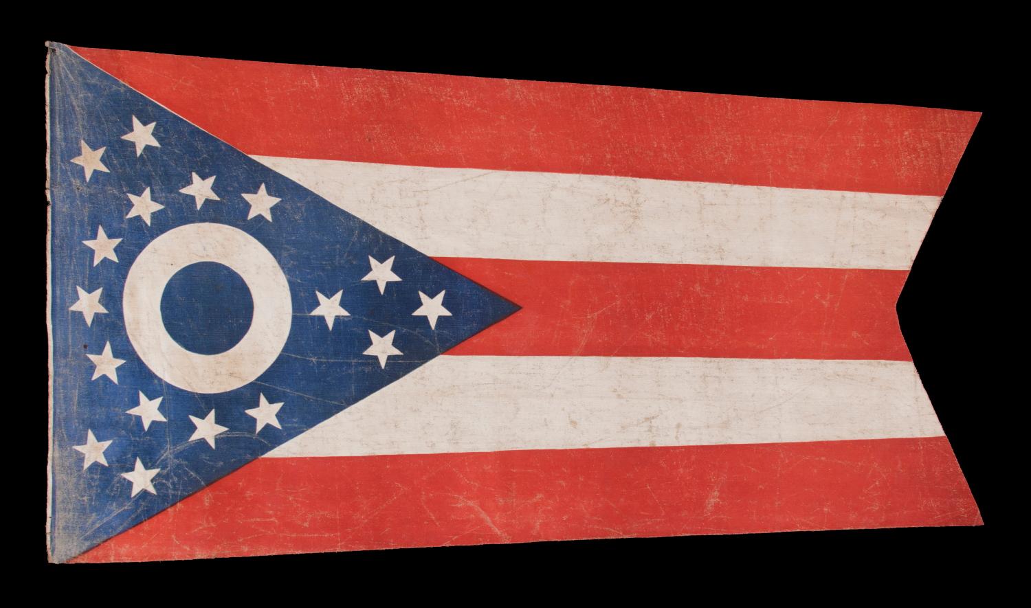 EARLY OHIO STATE FLAG WITH A BLUE DISC INSIDE THE BUCKEYE, AN EXTREMELY RARE AND BEAUTIFUL EXAMPLE, MADE IN THE EARLIEST POSSIBLE PERIOD, IMMEDIATELY FOLLOWING ITS DESIGN BY CLEVELAND ARCHITECT JOHN EISENMANN AND ACCEPTANCE BY THE OHIO STATE