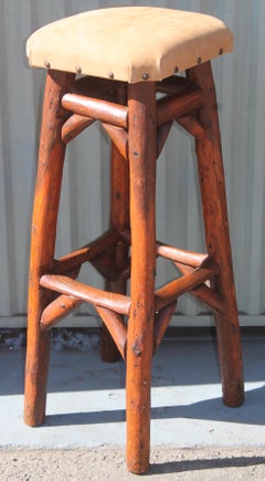 Early Old Hickory Bar Stools W/ Suede Seats-Pair