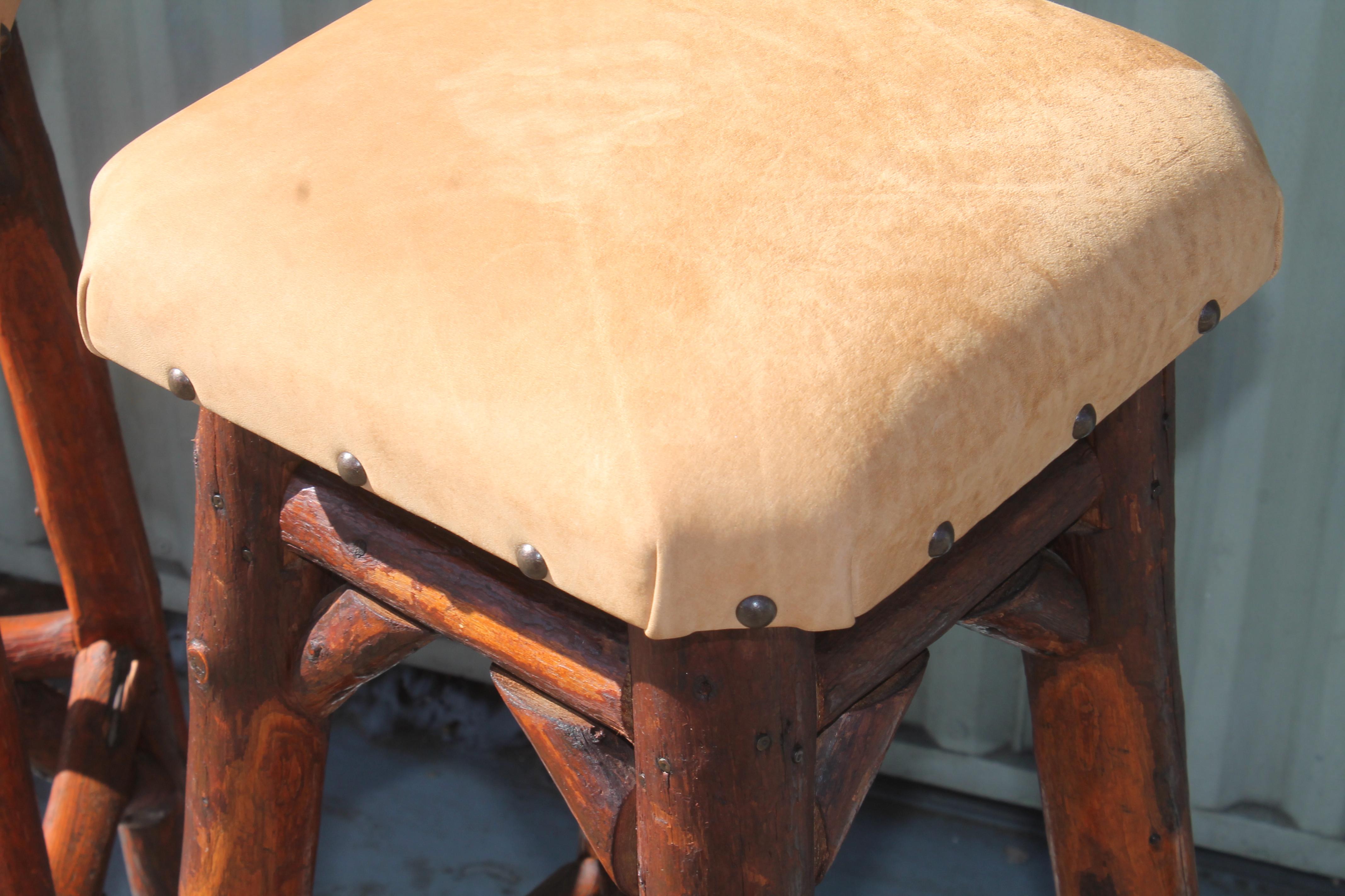 Early Old Hickory Bar Stools W/ Suede Seats-Pair In Good Condition For Sale In Los Angeles, CA