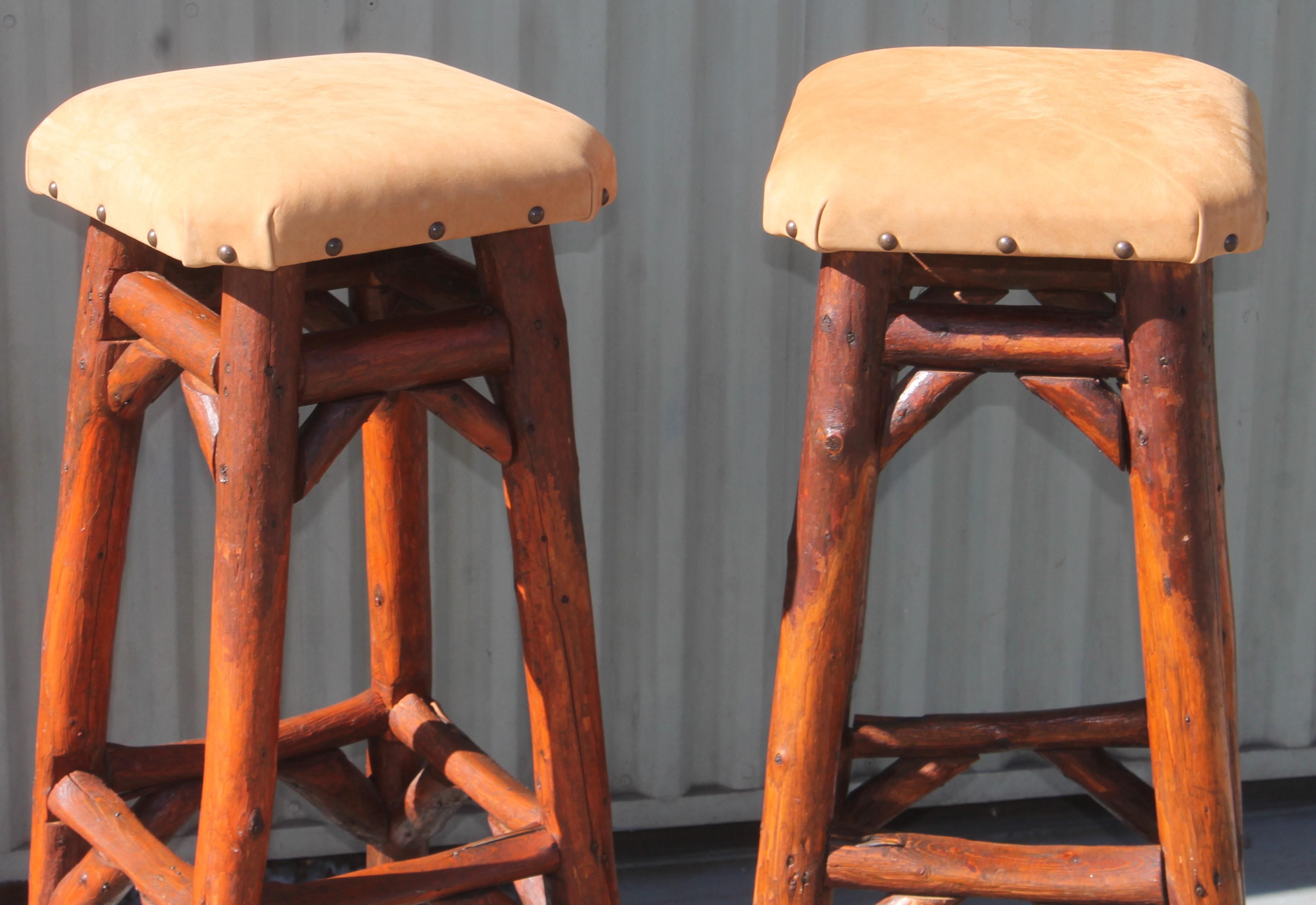 20th Century Early Old Hickory Bar Stools W/ Suede Seats-Pair For Sale