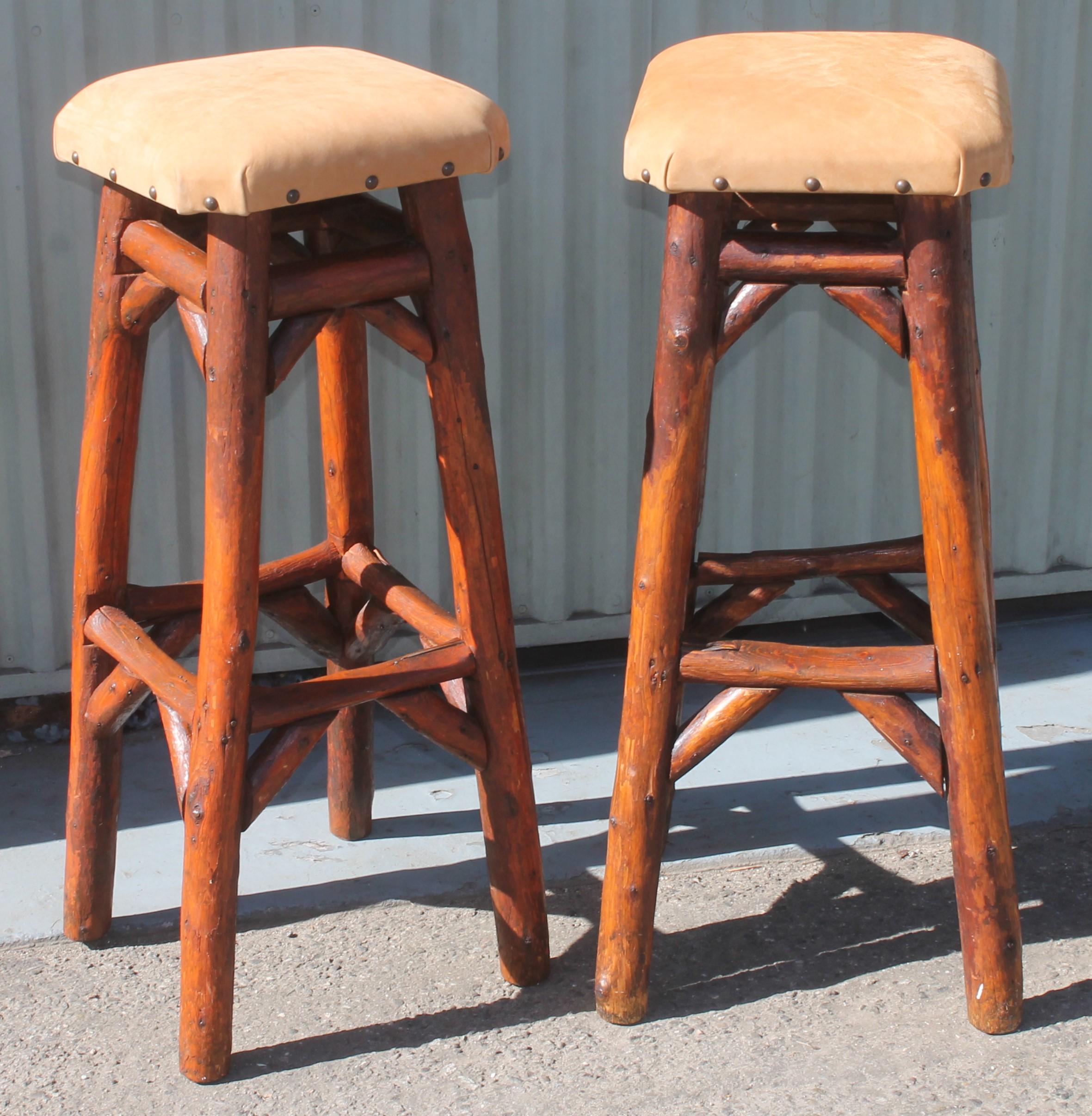 Leather Early Old Hickory Bar Stools W/ Suede Seats-Pair For Sale