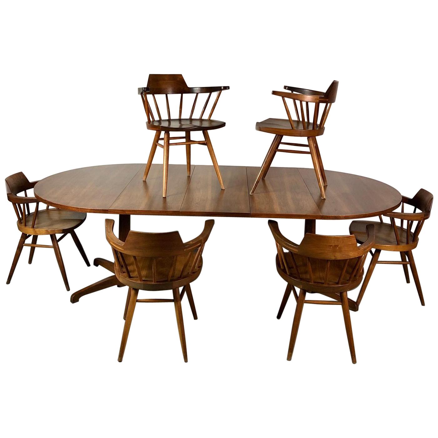 Early One of a Kind George Nakashima Dining Set with Six Captain Chairs USA 1966