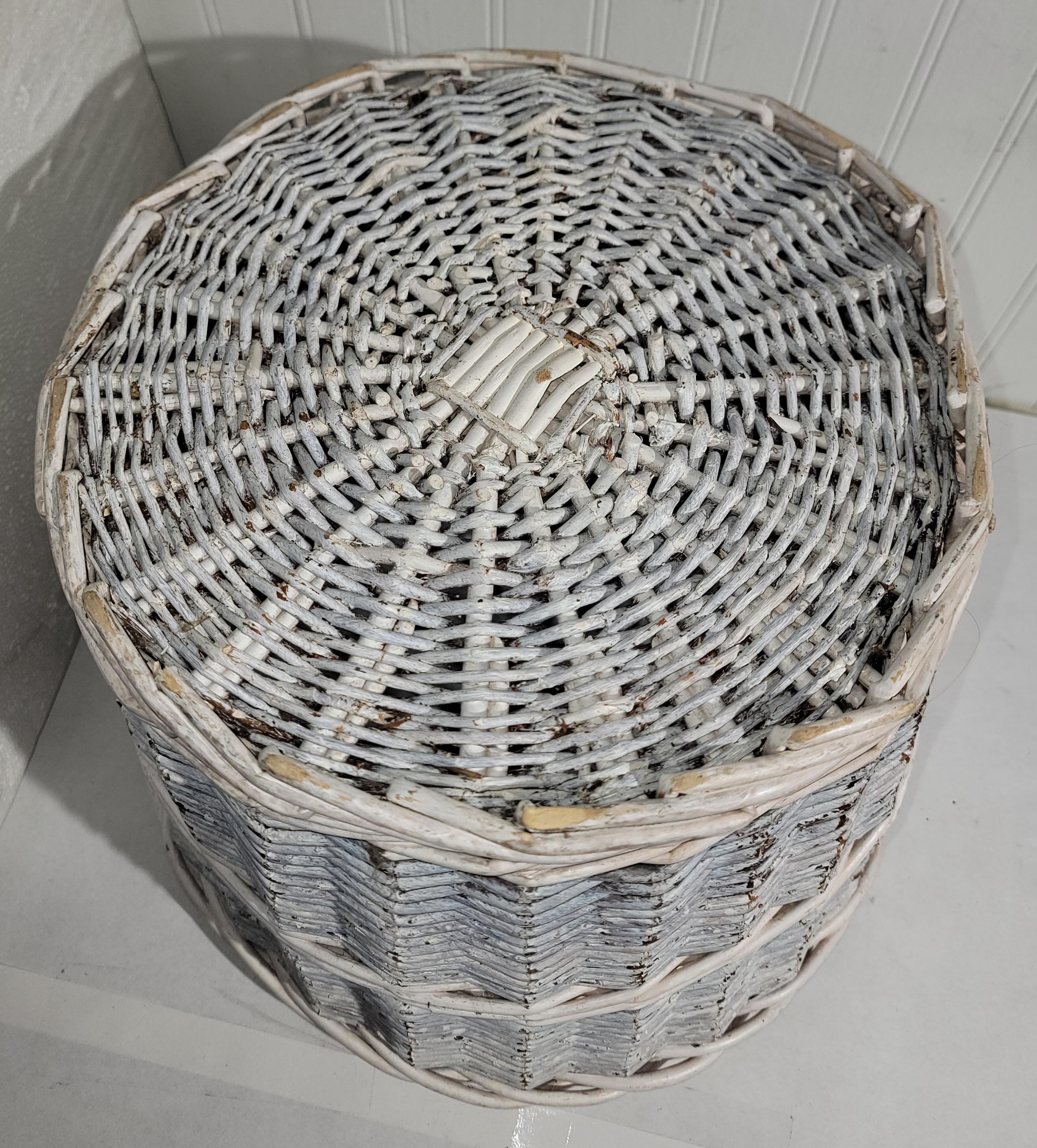 Hand-Painted Early Original Blue & White Painted Basket For Sale