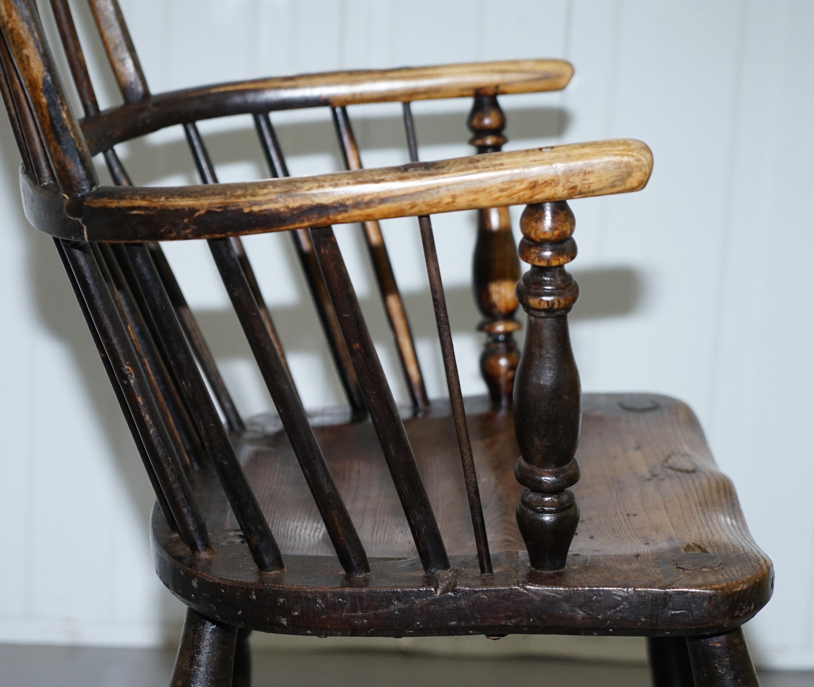 Early Original Worn Paint 19th Century Hoop Back West Country Windsor Armchair For Sale 6